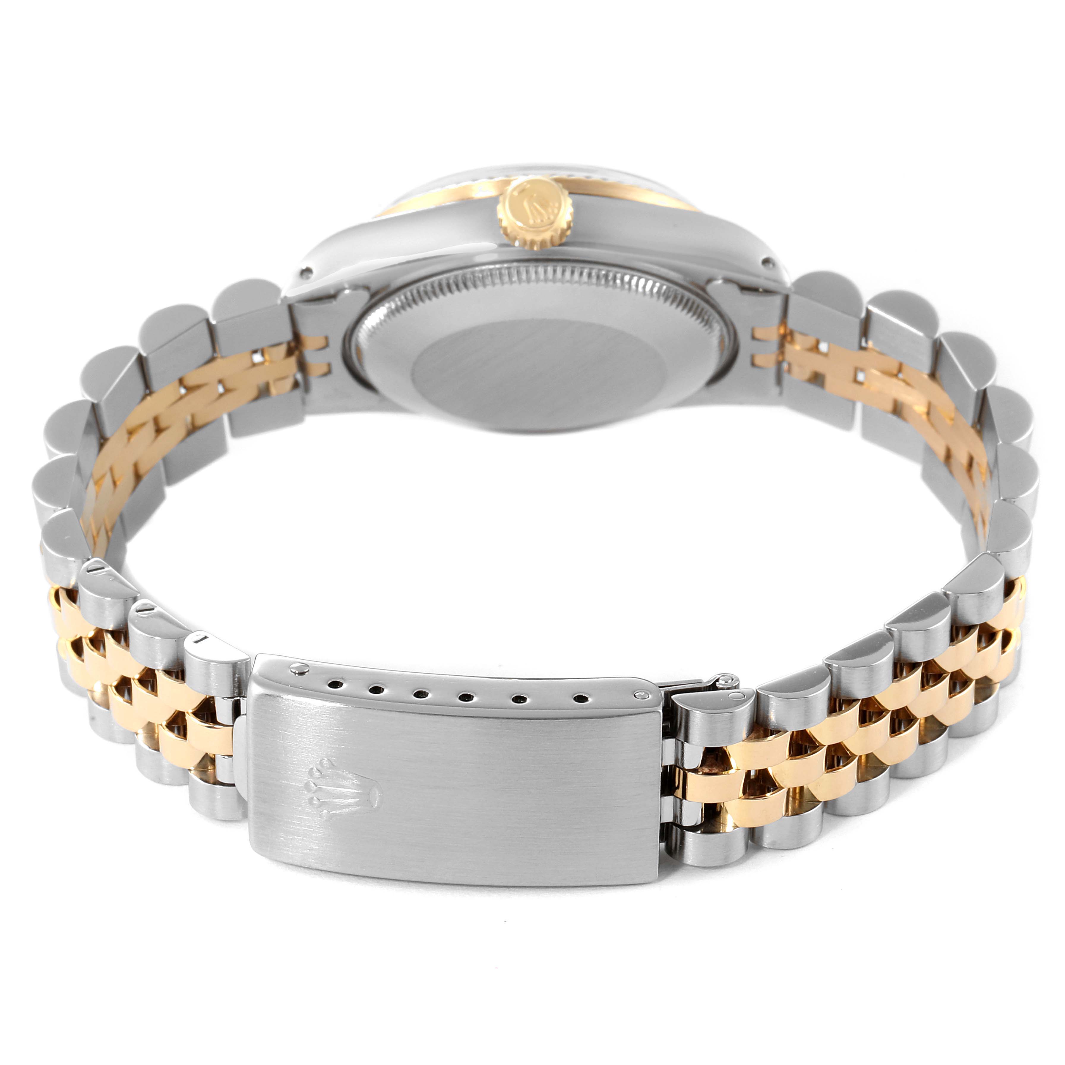 This image shows the back view of a Rolex Datejust 68273 Women
s Steel and Gold (two tone) Champagne Dial 68273 Women
s Steel and Gold (two tone) Champagne Dial watch, highlighting its clasp, case back, crown, and two-tone bracelet.