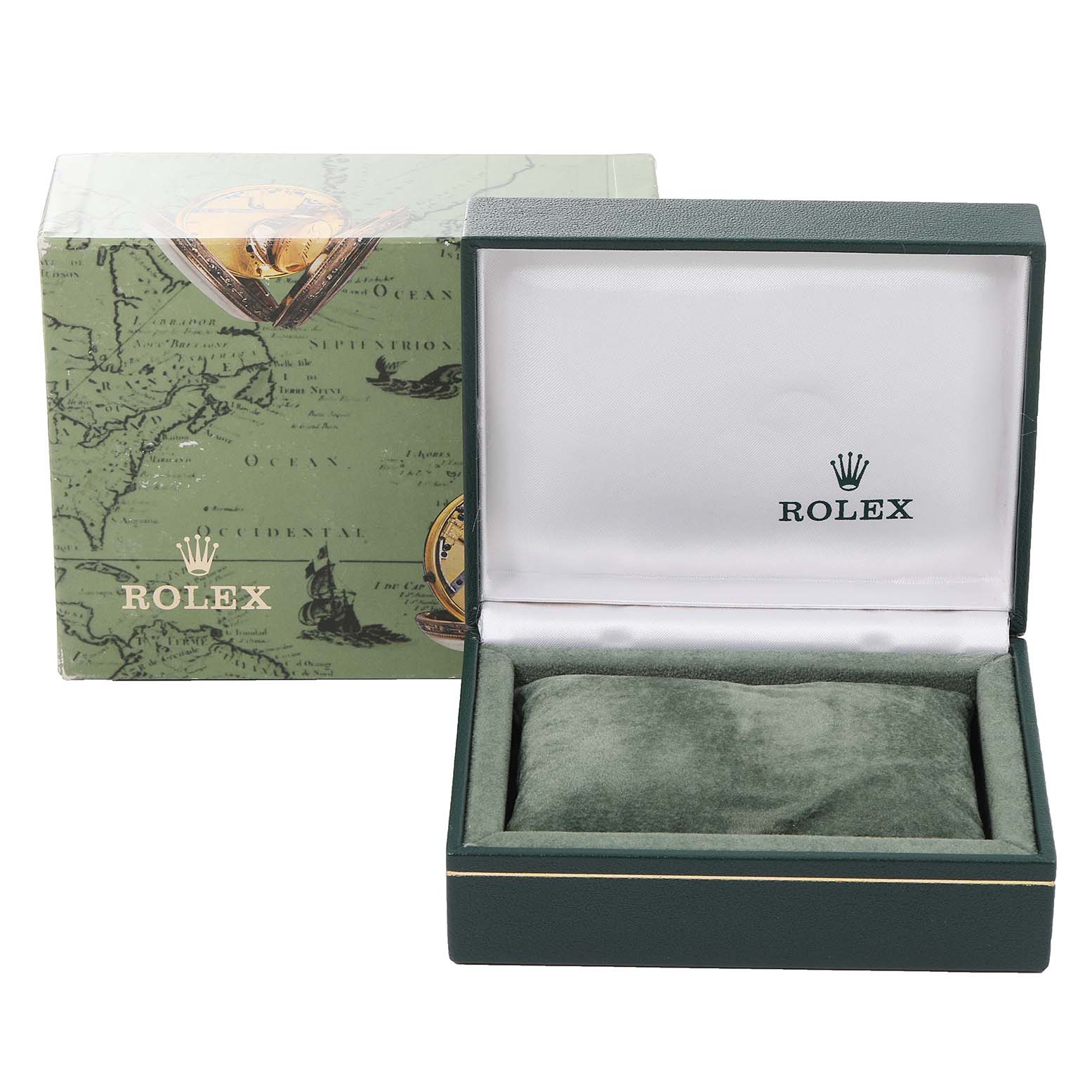 This image shows a Rolex Datejust 68273 Women
s Steel and Gold (two tone) Champagne Dial 68273 Women
s Steel and Gold (two tone) Champagne Dial watch box and outer packaging with the lid open, revealing the interior.