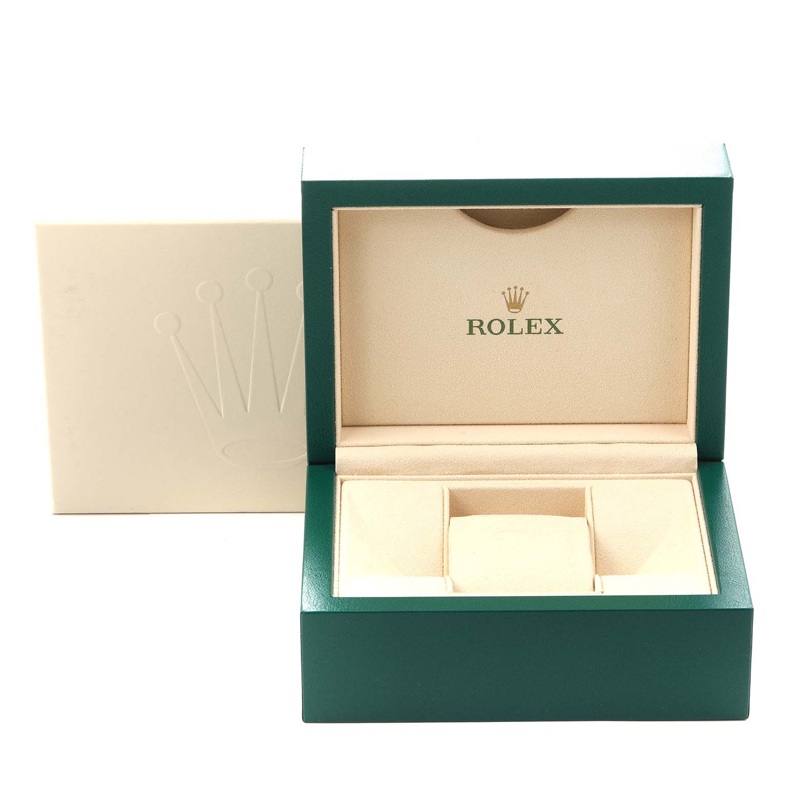 The image shows an open Rolex watch box for a Mid-Size model, featuring the brand logo inside.