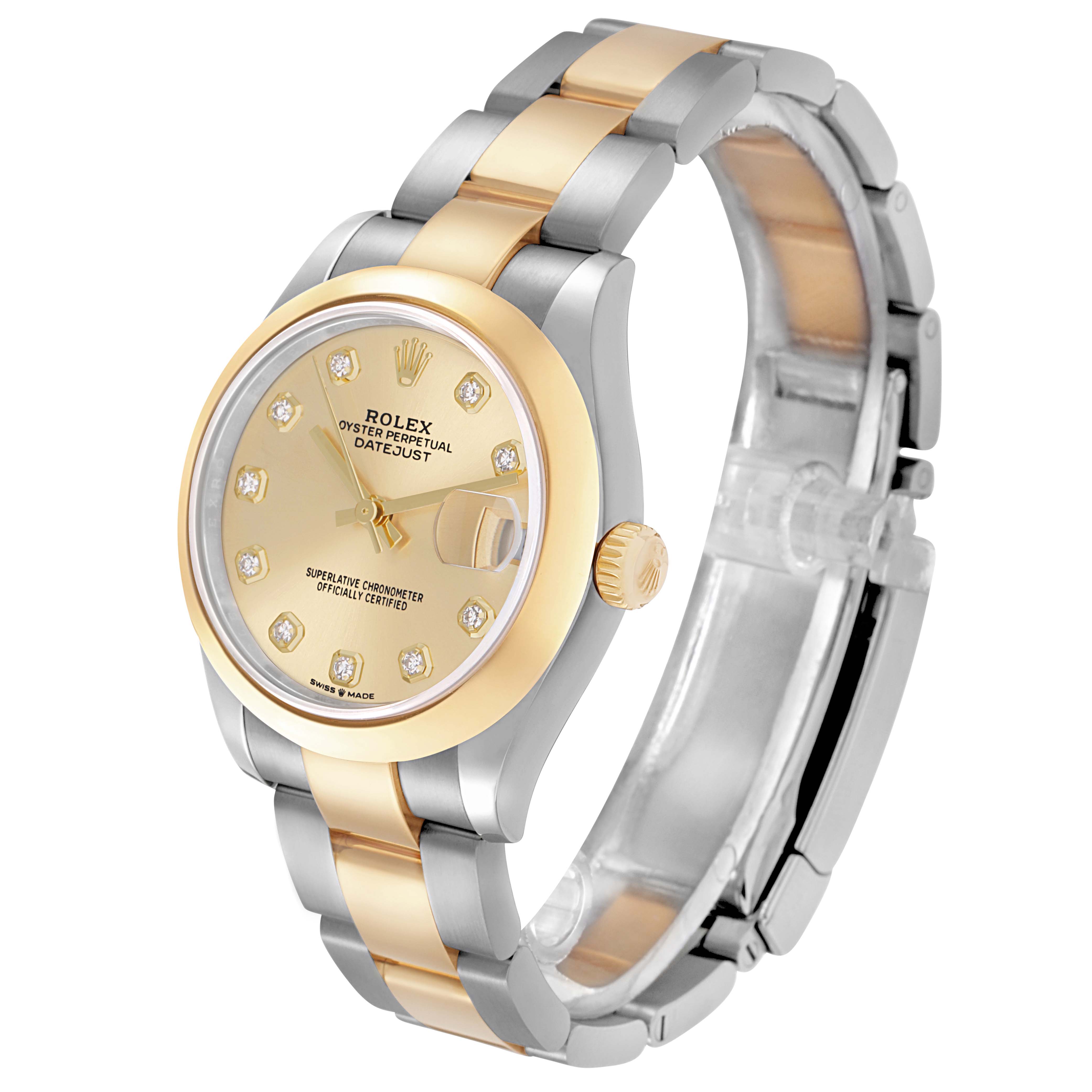 The Rolex Mid-Size 278243 Women
s Steel and Gold (two tone) Champagne Dial 278243 Women
s Steel and Gold (two tone) Champagne Dial watch is shown from an angled view, highlighting the face, bezel, crown, and two-tone bracelet.