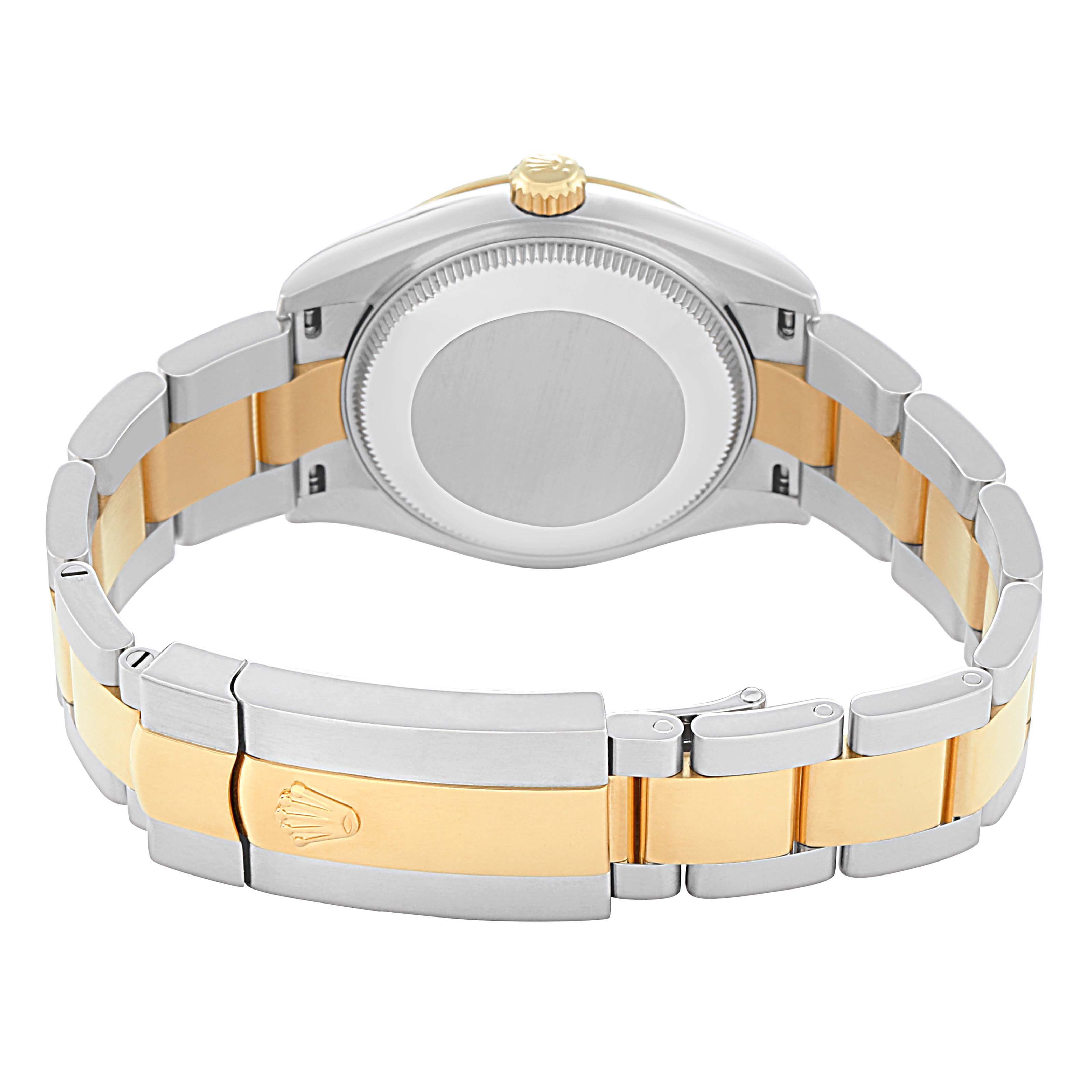 This Rolex Mid-Size 278243 Women
s Steel and Gold (two tone) Champagne Dial 278243 Women
s Steel and Gold (two tone) Champagne Dial watch is shown from the back, displaying the case back, crown, and dual-tone bracelet with the clasp.