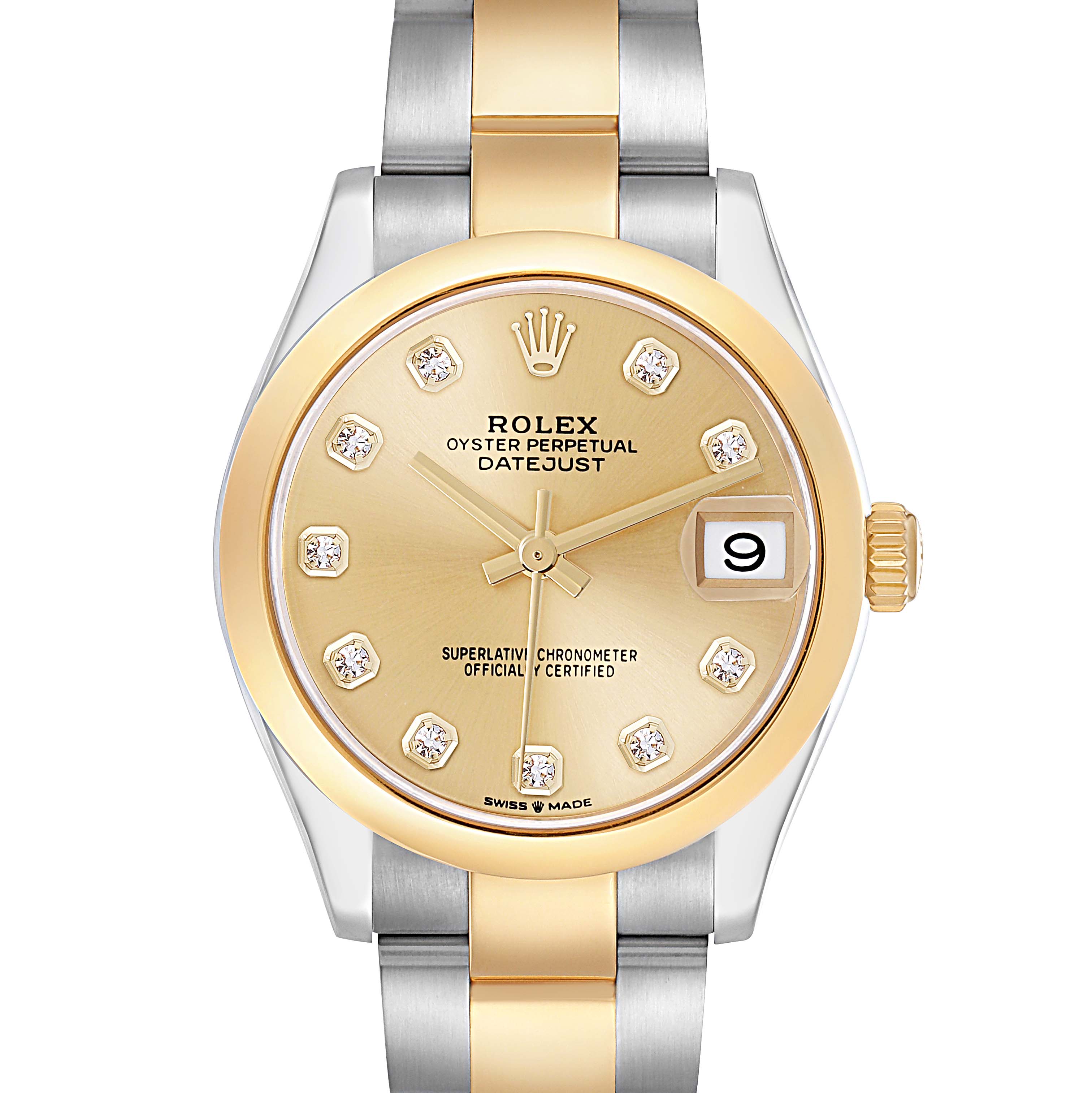 The Rolex Mid-Size 278243 Women
s Steel and Gold (two tone) Champagne Dial 278243 Women
s Steel and Gold (two tone) Champagne Dial Datejust watch is shown from the front, featuring its dial, bezel, and part of the bracelet.