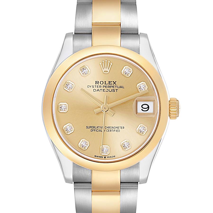 The Rolex Mid-Size Datejust watch is shown from the front, featuring its dial, bezel, and part of the bracelet.