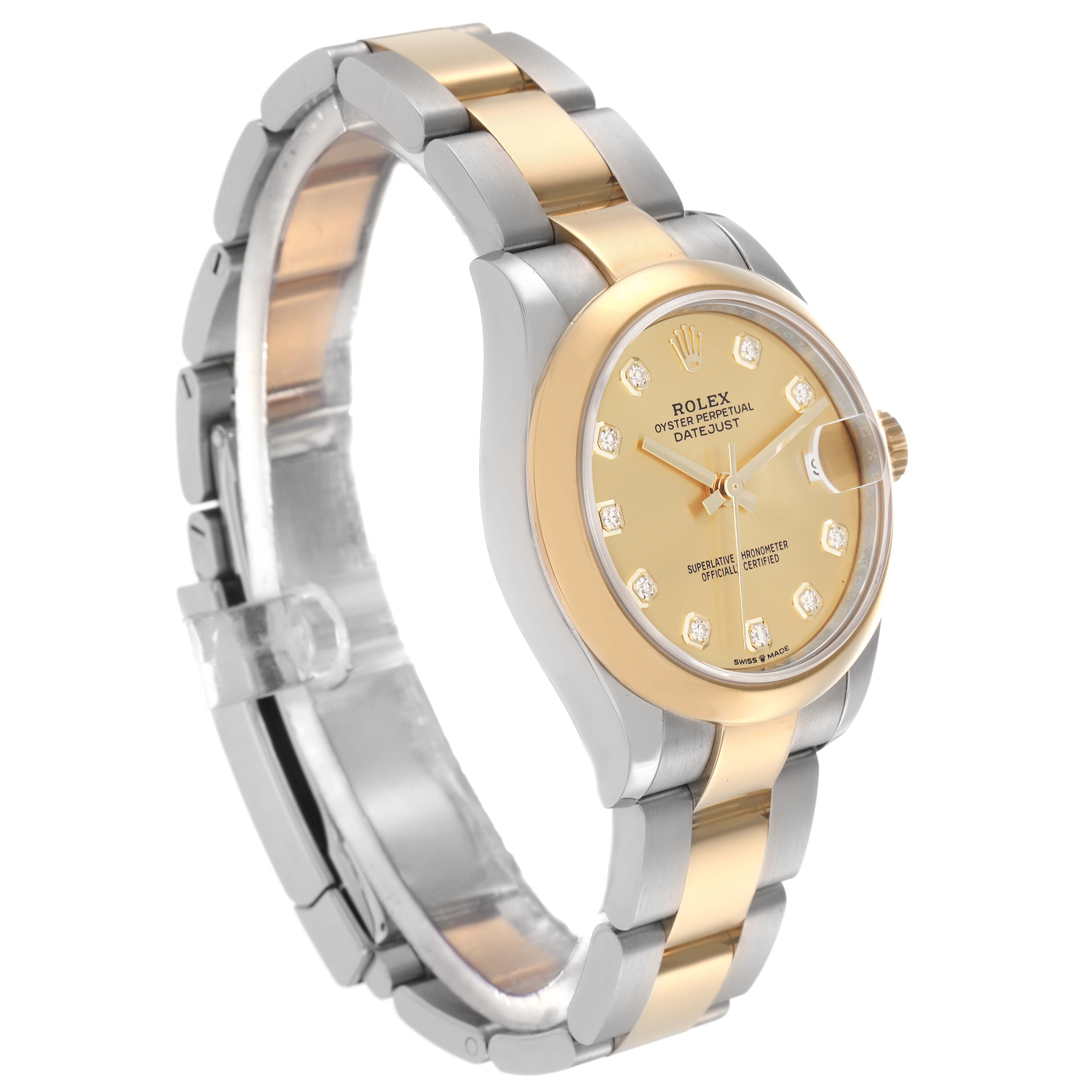 The Rolex Mid-Size 278243 Women
s Steel and Gold (two tone) Champagne Dial 278243 Women
s Steel and Gold (two tone) Champagne Dial watch is shown at a slight angle, highlighting its two-tone bracelet and detailed champagne dial.