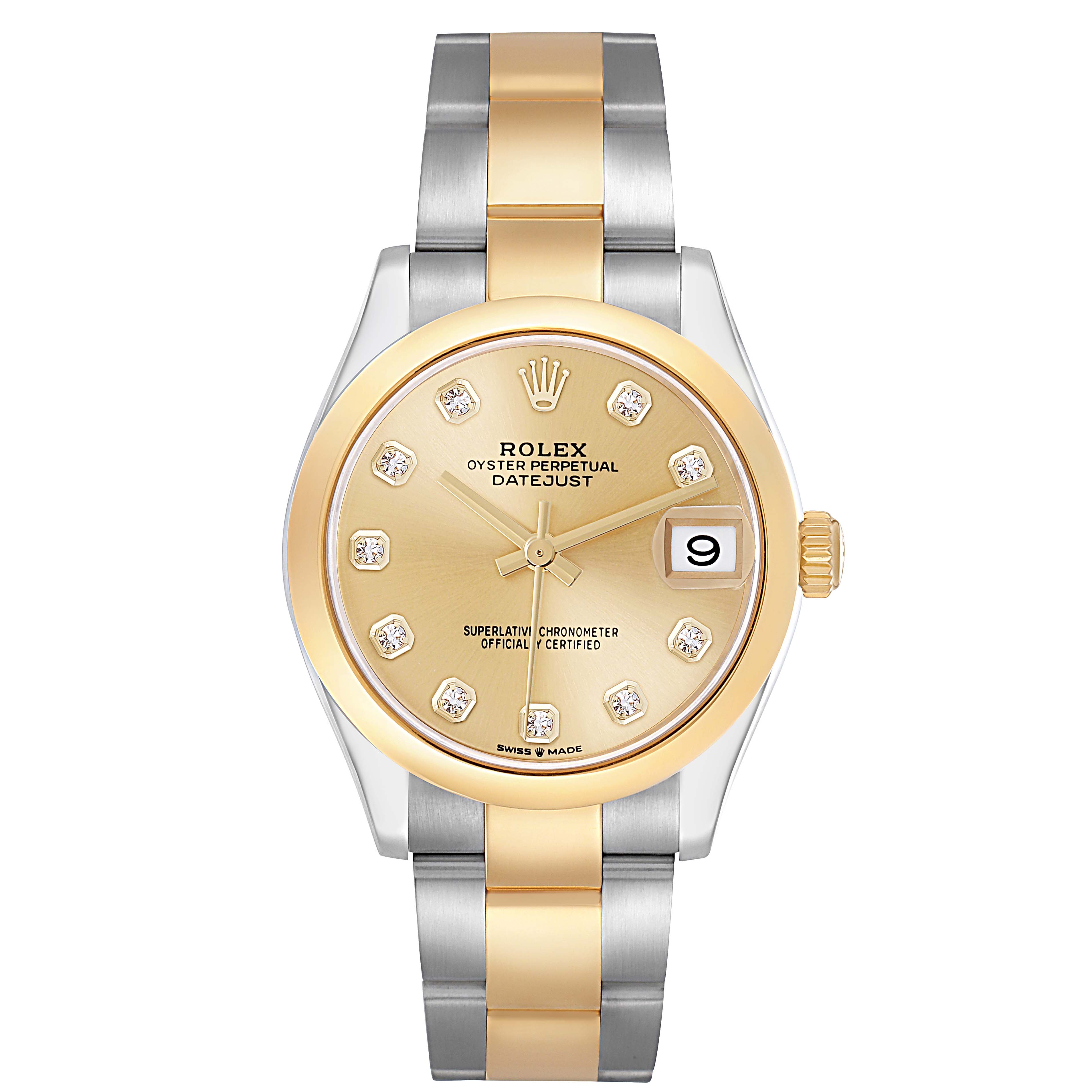 This Rolex Datejust mid-size model is shown from a front angle, highlighting the dial, bezel, and bracelet.
