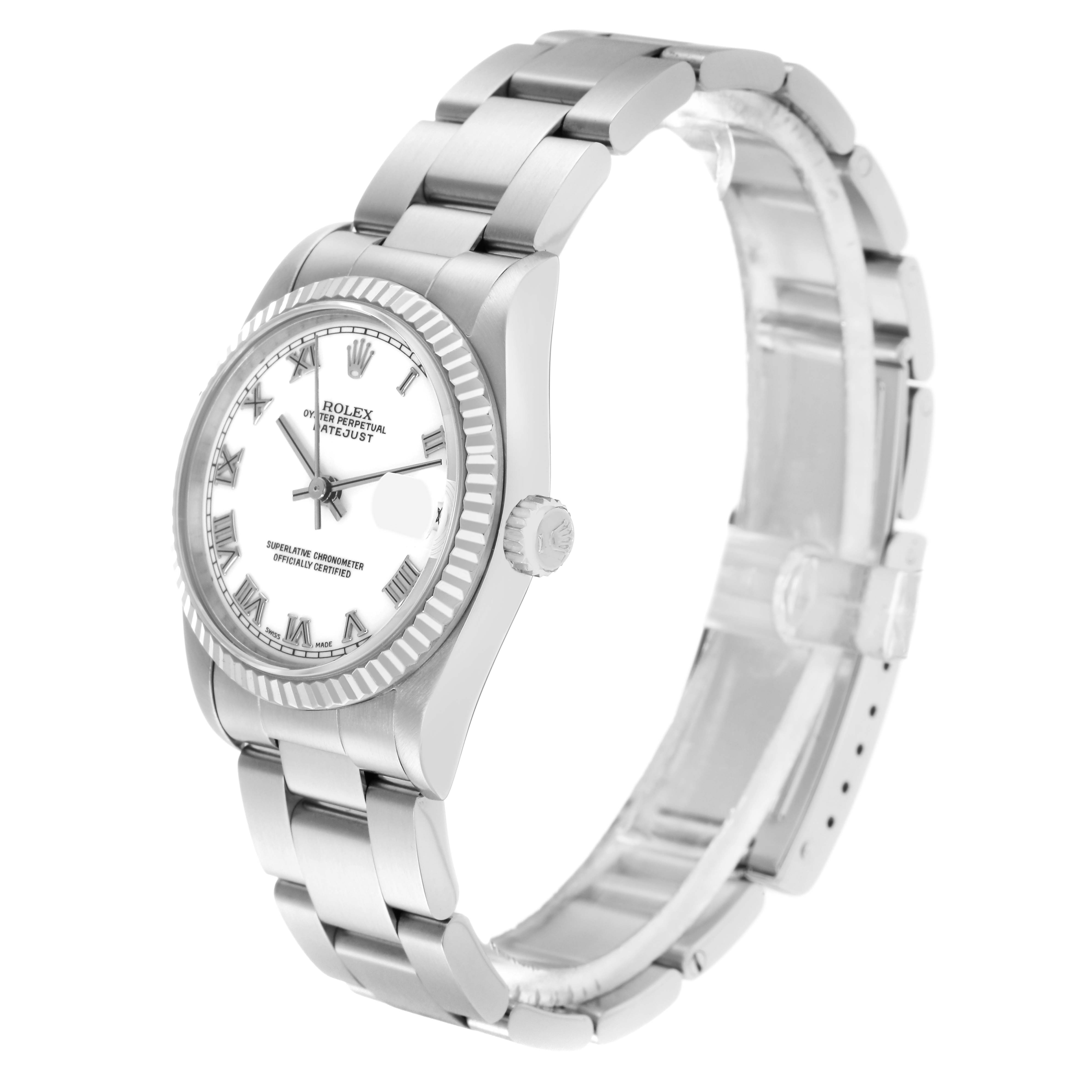 The Mid-Size Rolex watch is shown at a side angle, displaying the dial, bezel, crown, and bracelet.