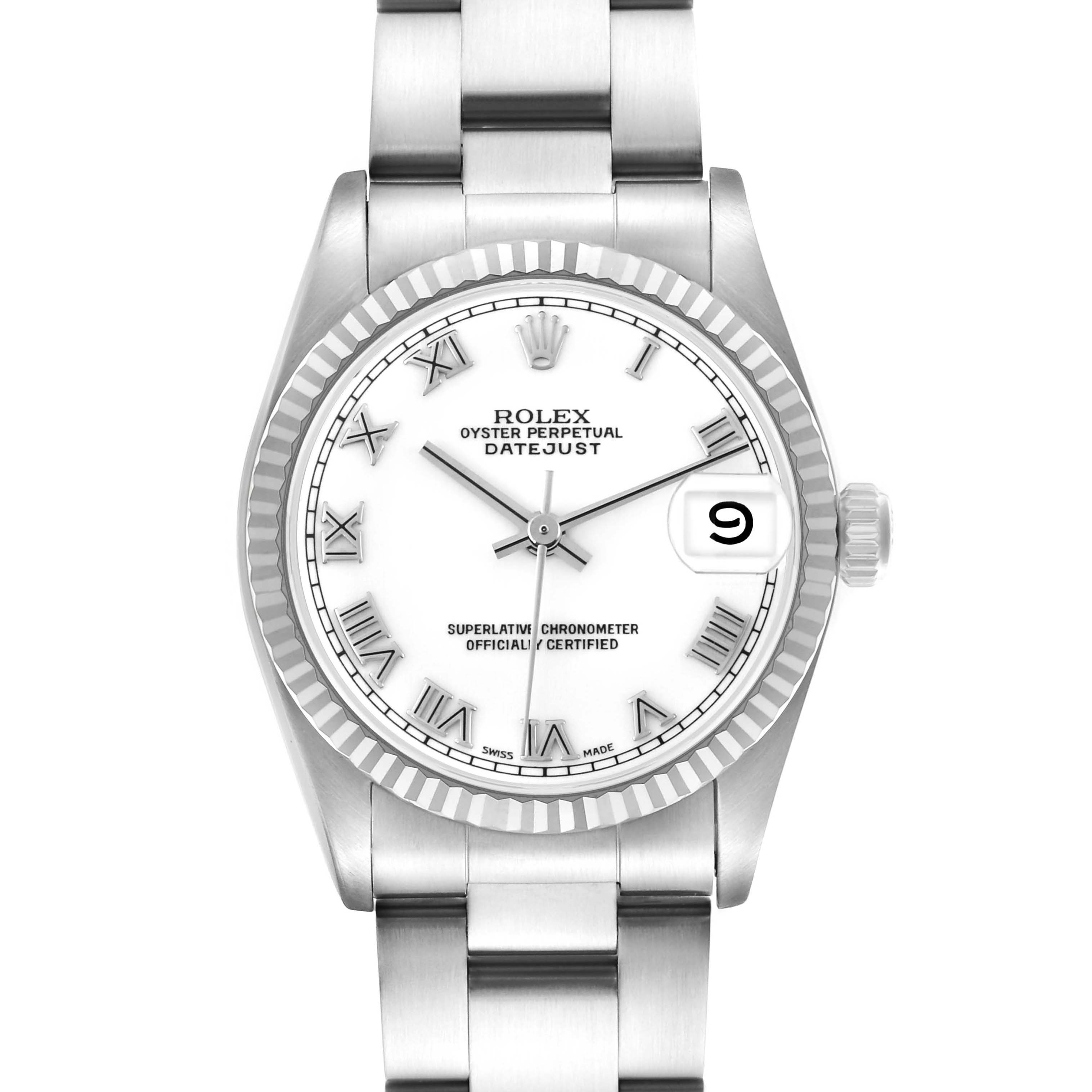 The Rolex Datejust Mid-Size model is shown from a front angle, displaying its dial, bracelet, crown, and fluted bezel.