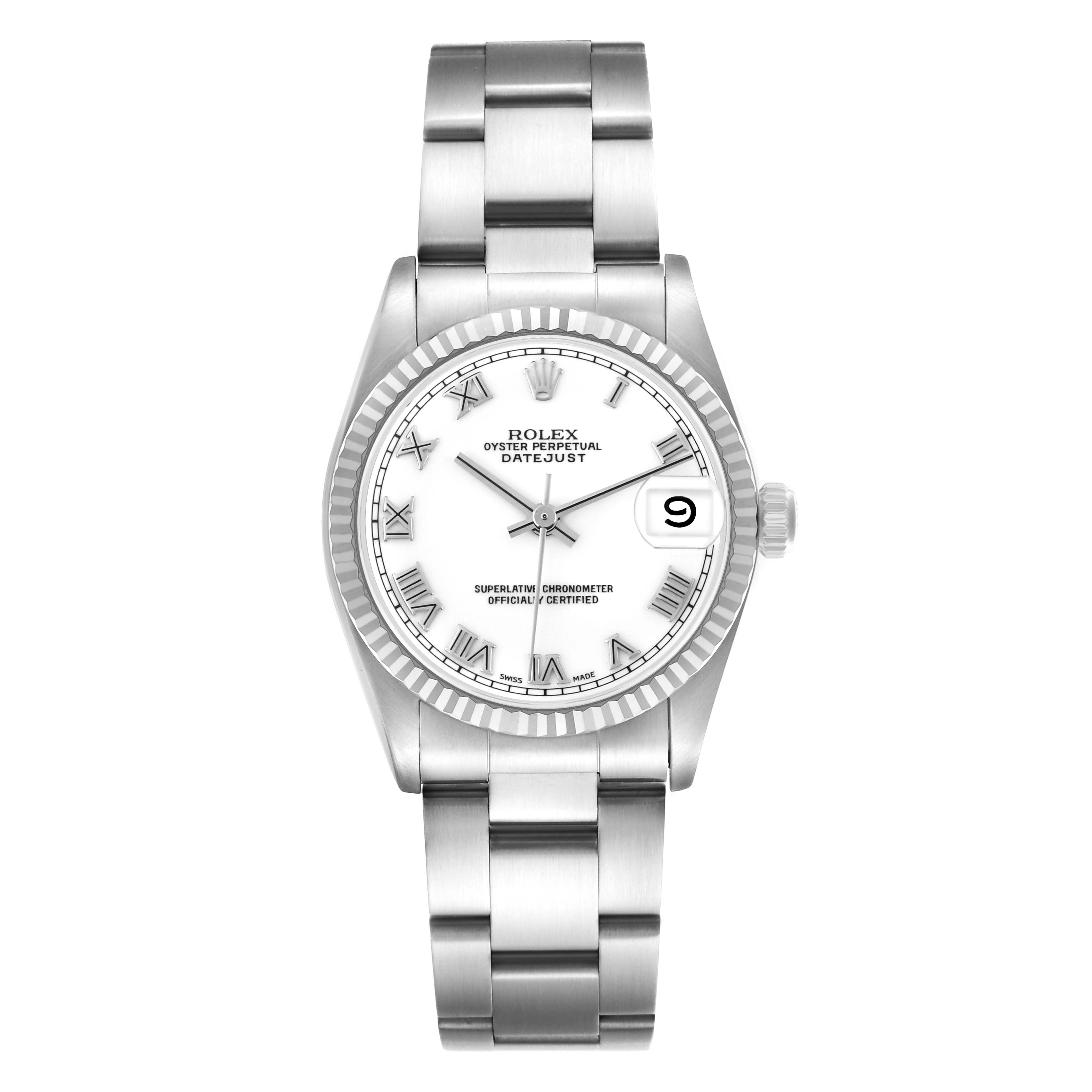 The Rolex Mid-Size 68274 Women
s Stainless Steel White Dial 68274 Women
s Stainless Steel White Dial Datejust is shown from a front angle, displaying the face, bezel, crown, and bracelet.
