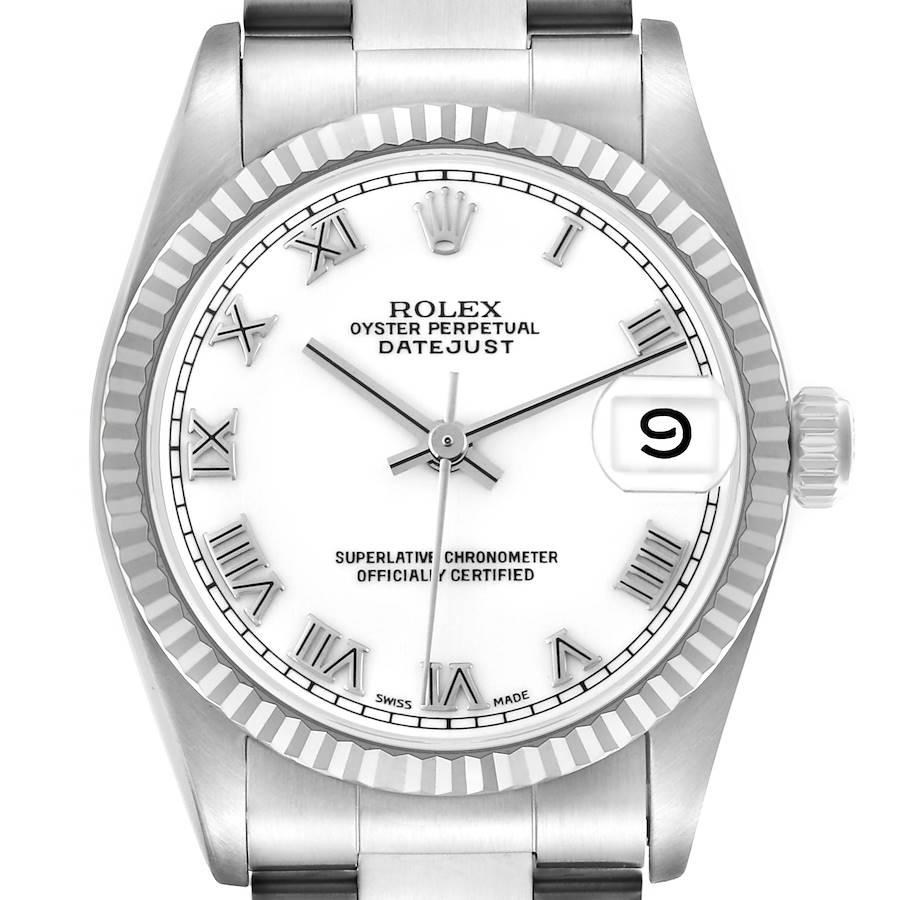 The Rolex Datejust Mid-Size watch is shown from a front angle, highlighting the dial, bezel, crown, and part of the bracelet.