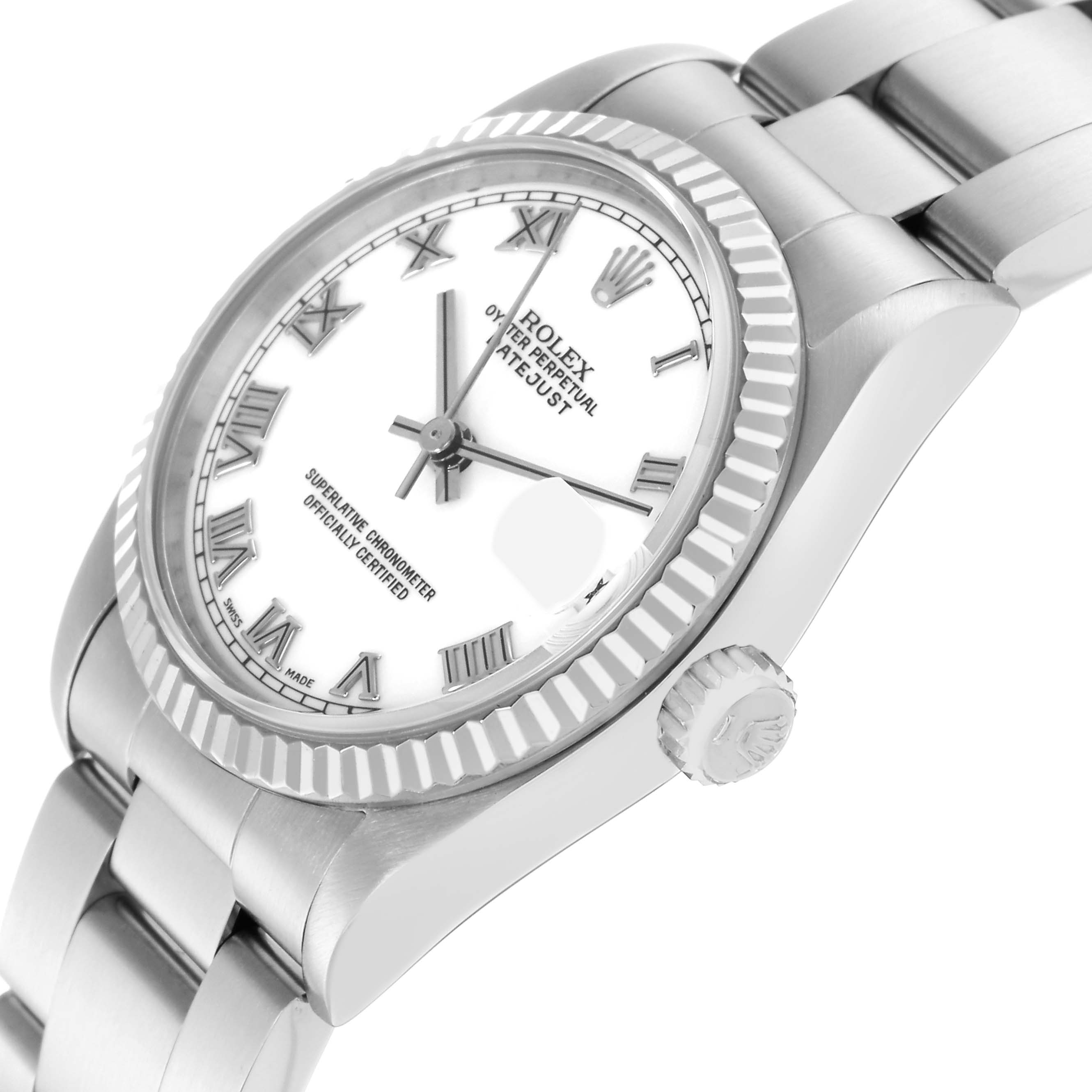The Rolex Mid-Size 68274 Women
s Stainless Steel White Dial 68274 Women
s Stainless Steel White Dial model is shown at a slight angle, highlighting the watch face, fluted bezel, crown, and part of the bracelet.
