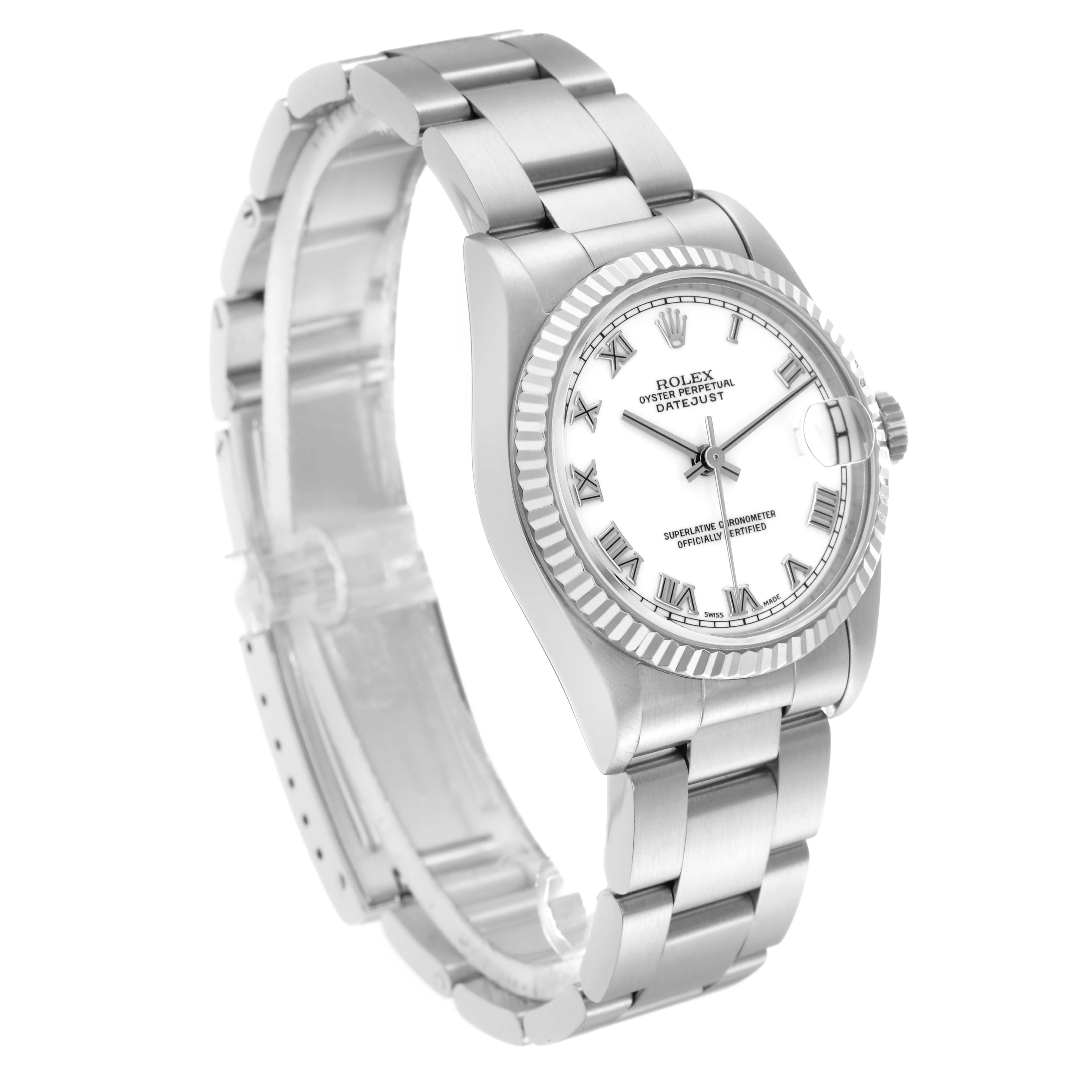 The Rolex Mid-Size 68274 Women
s Stainless Steel White Dial 68274 Women
s Stainless Steel White Dial watch is shown at a three-quarter angle displaying its face, bezel, crown, and part of the bracelet.