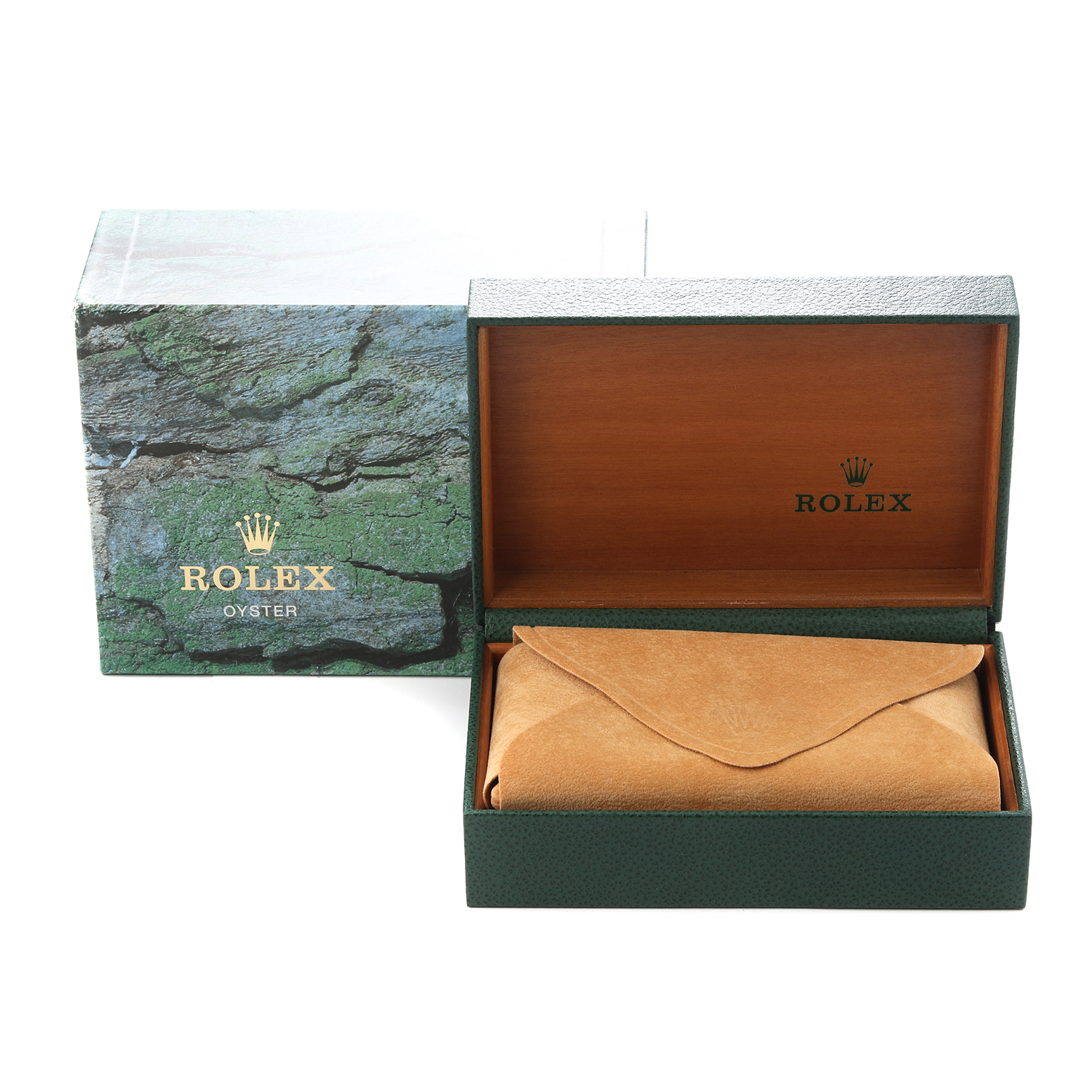 The image shows a Rolex Mid-Size 68274 Women's Stainless Steel White Dial watch box with outer packaging and a suede pouch inside.