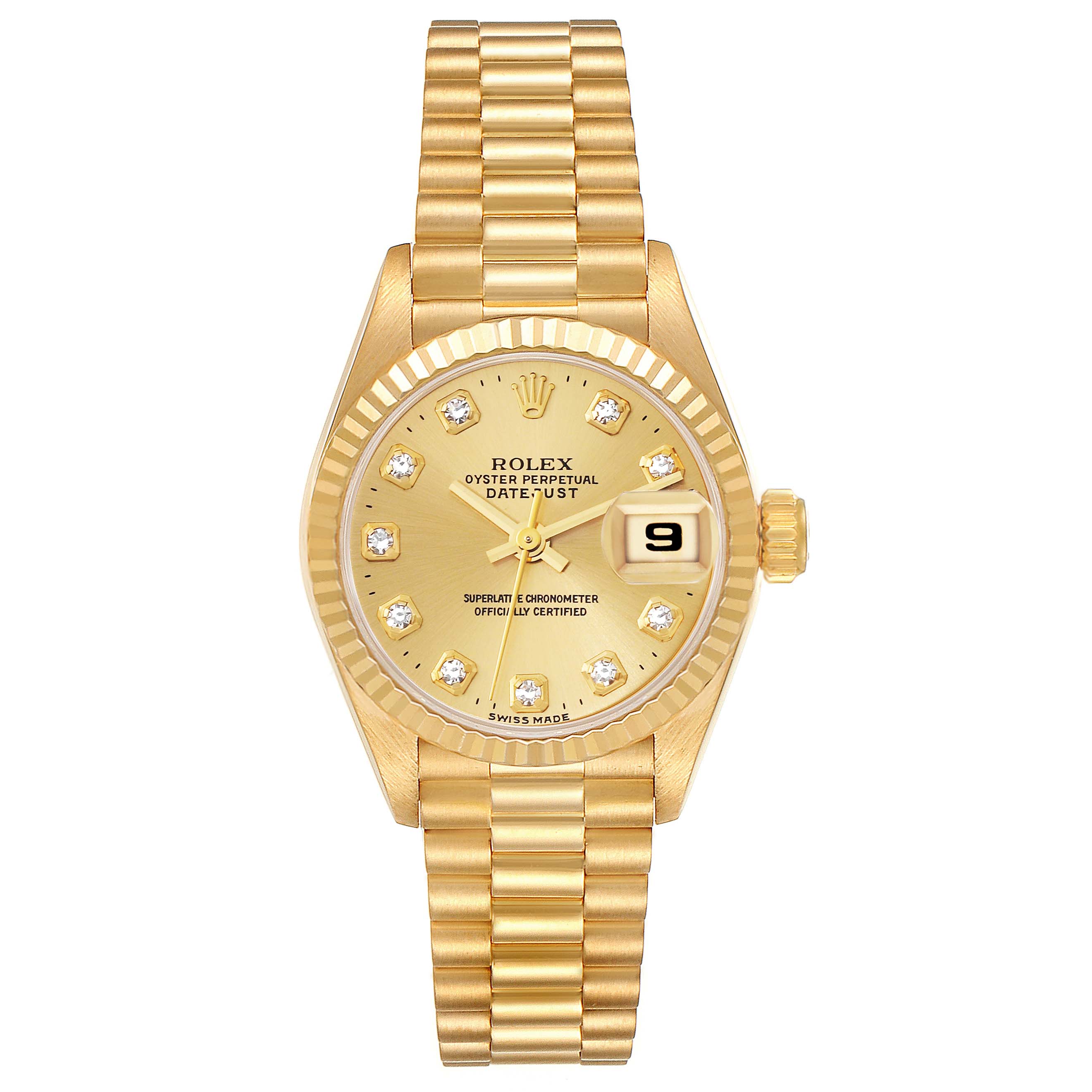 This image shows a front view of a Rolex President 69178 Women's Steel and Gold (two tone) Champagne Dial 69178 Women's Steel and Gold (two tone) Champagne Dial model watch, highlighting its gold bracelet and diamond hour markers.