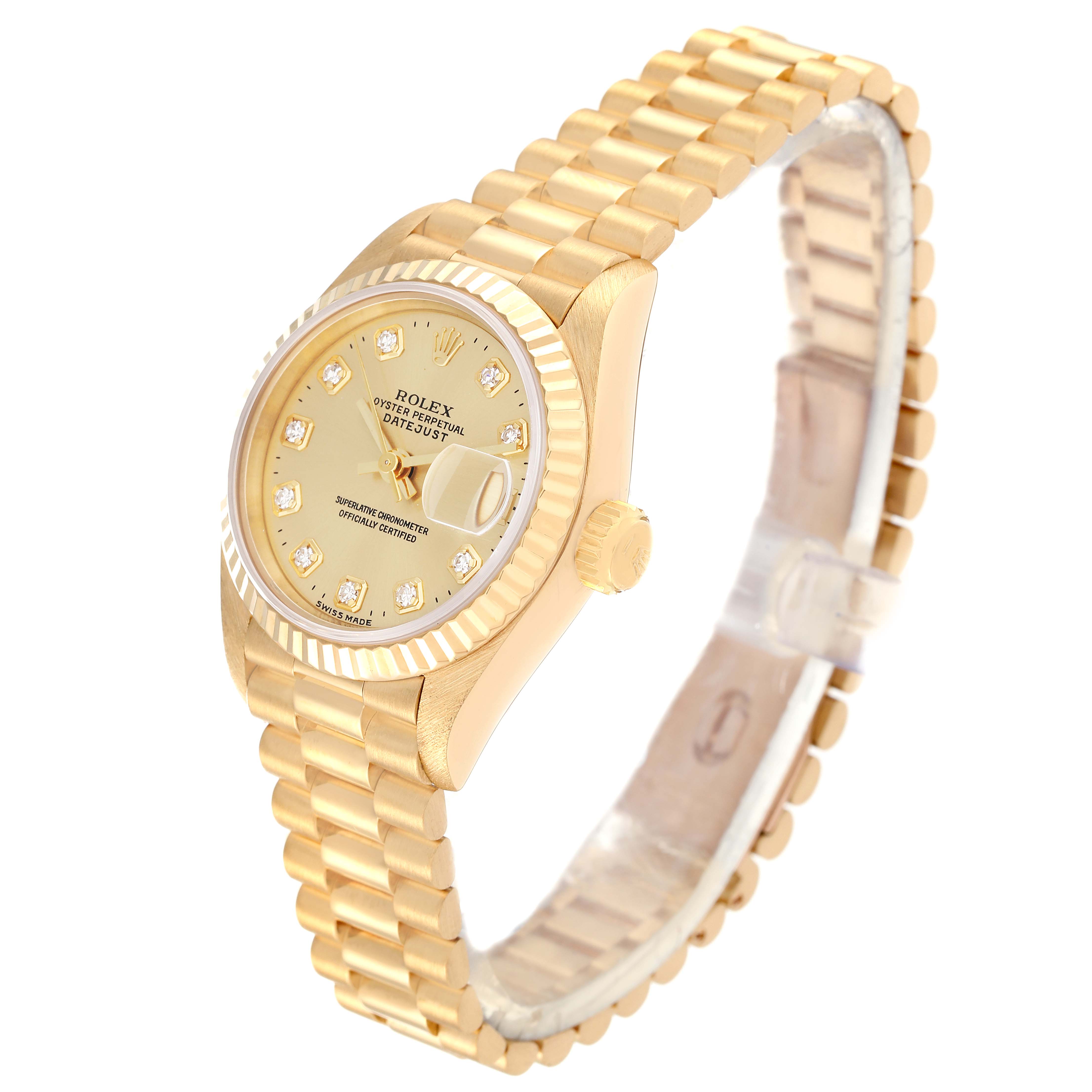 This image shows a Rolex President 69178 Women's Steel and Gold (two tone) Champagne Dial 69178 Women's Steel and Gold (two tone) Champagne Dial model watch at an angle, highlighting the gold bracelet, case, dial, and date window.