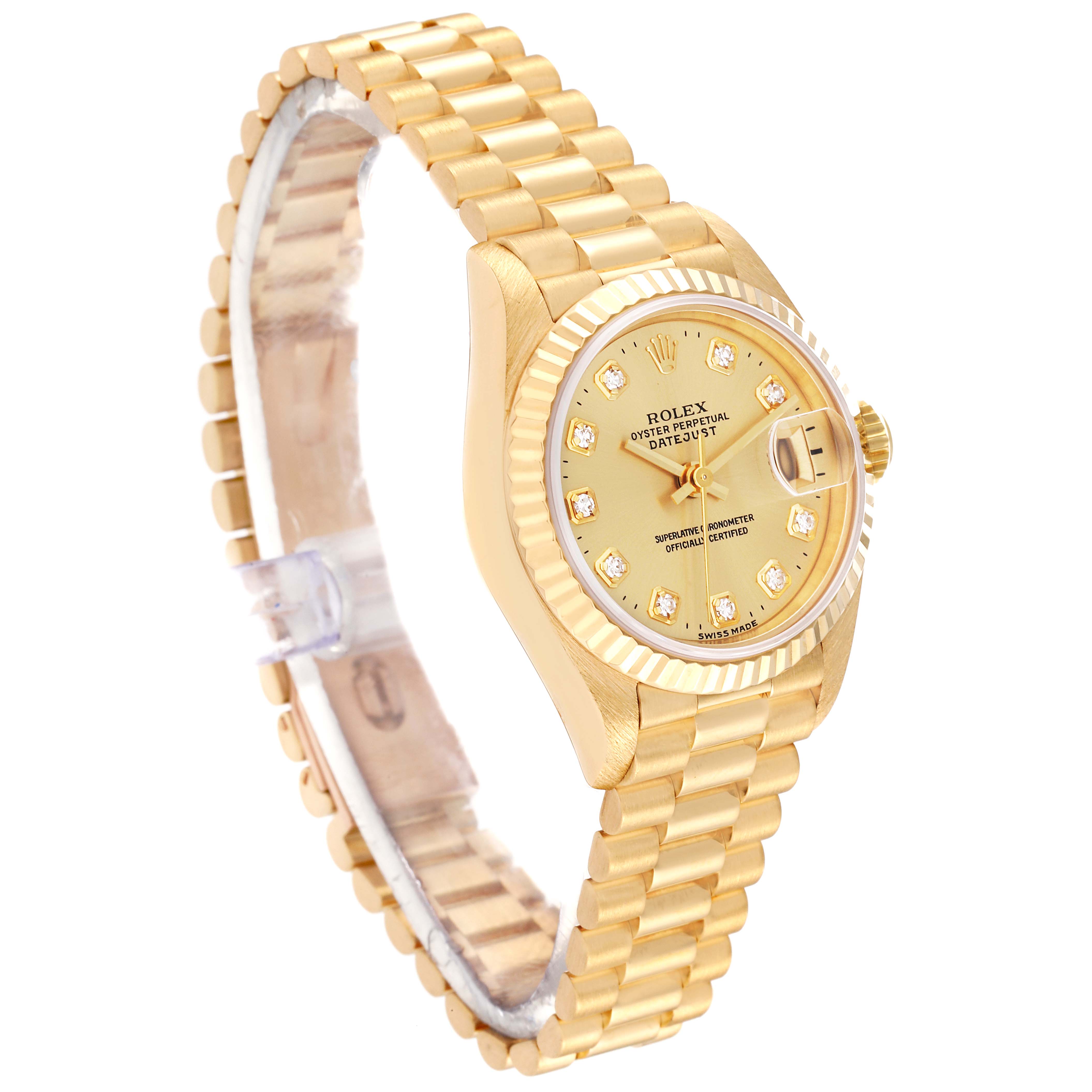 The Rolex President 69178 Women's Steel and Gold (two tone) Champagne Dial 69178 Women's Steel and Gold (two tone) Champagne Dial model watch is shown at an angle highlighting the face, bezel, and bracelet.