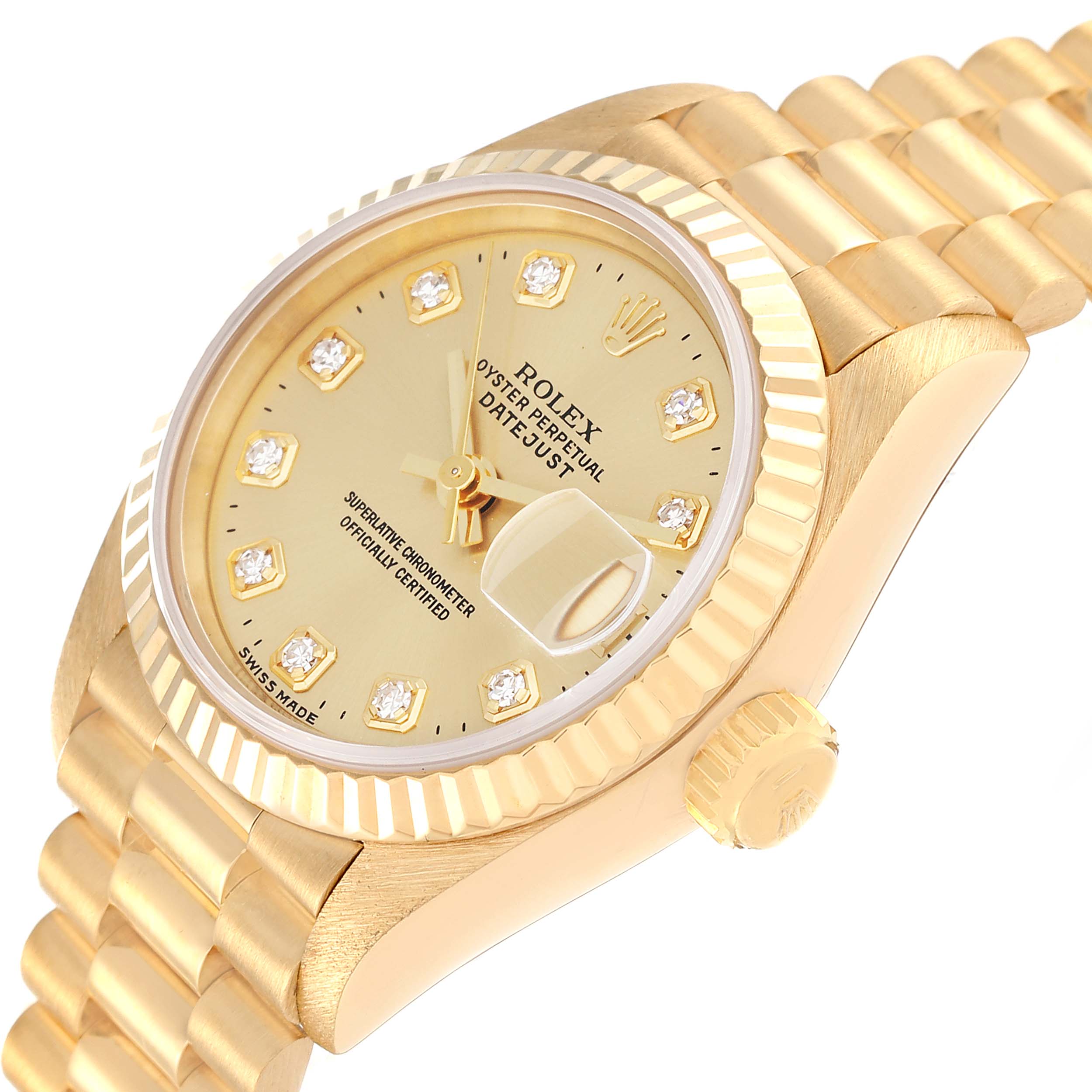 The Rolex President 69178 Women's Steel and Gold (two tone) Champagne Dial 69178 Women's Steel and Gold (two tone) Champagne Dial model watch is shown at an angled view, displaying the dial, bracelet, crown, and bezel.