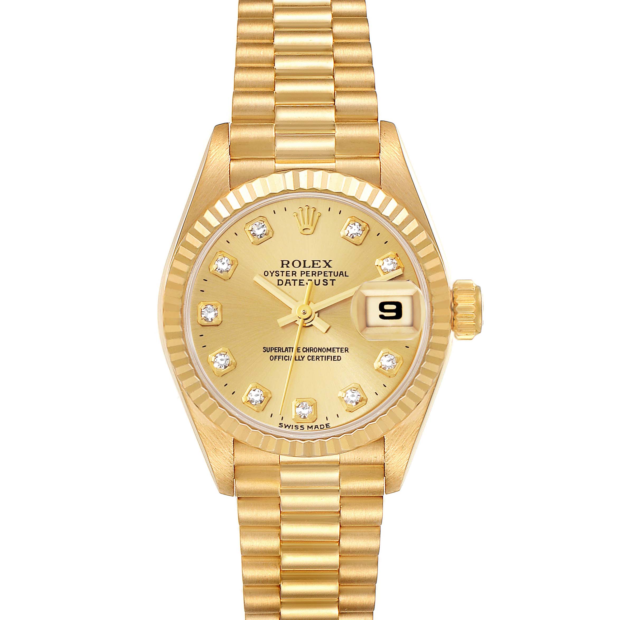 The Rolex Oyster Perpetual Datejust President model is shown from a front angle, highlighting its gold dial, diamond markers, and President bracelet.