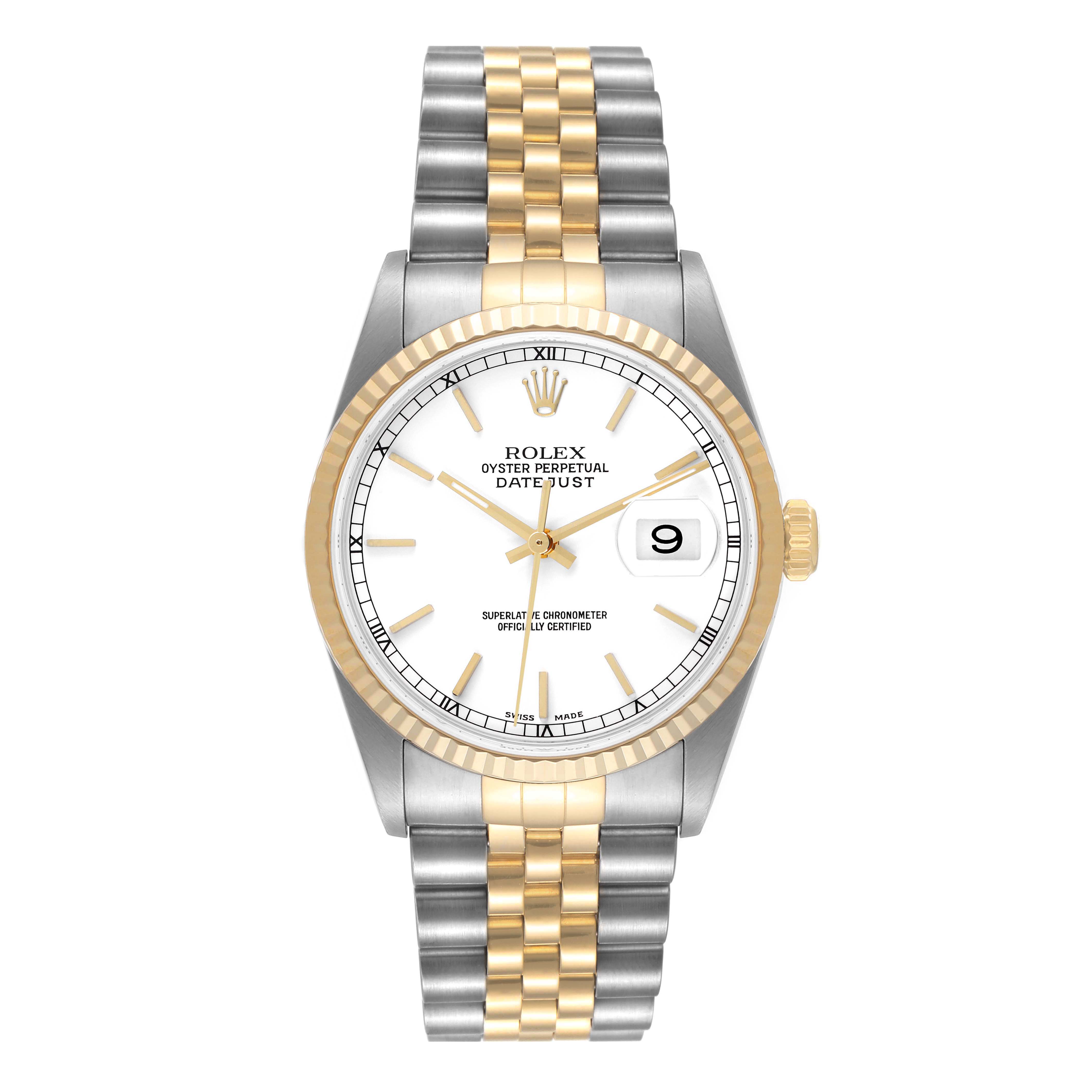 The Rolex Datejust 16233 Men's Steel and Gold (two tone) White Dial 16233 Men's Steel and Gold (two tone) White Dial watch is shown from a top-down angle, displaying its face, bezel, and two-tone bracelet.