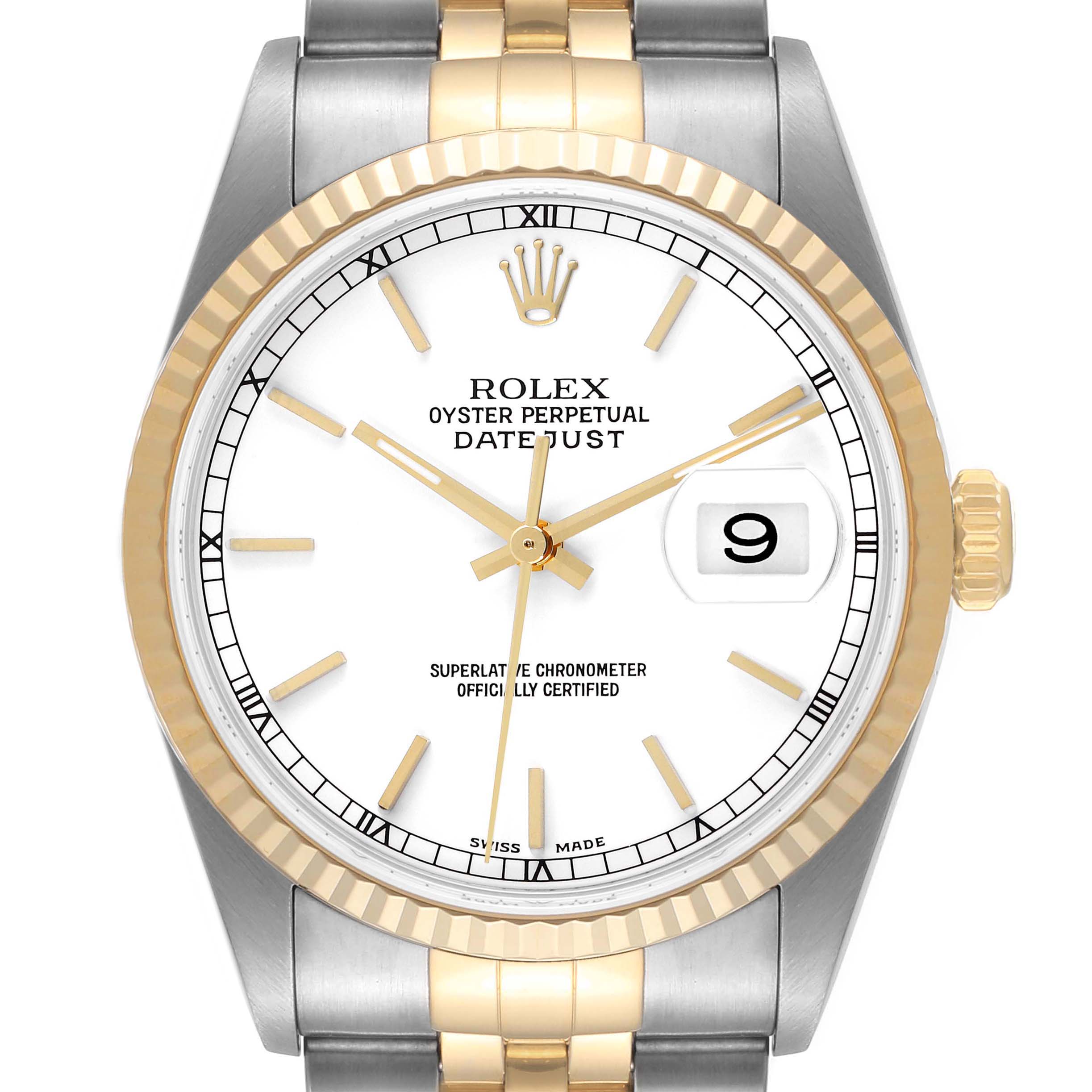 The image shows a frontal view of a Rolex Datejust 16233 Men's Steel and Gold (two tone) White Dial 16233 Men's Steel and Gold (two tone) White Dial watch, highlighting its face, bezel, and part of the bracelet.
