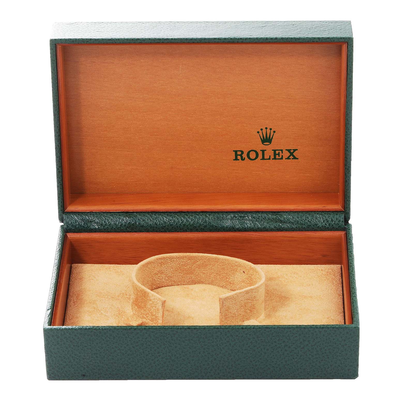 This image shows an open Rolex Datejust 16233 Men's Steel and Gold (two tone) White Dial 16233 Men's Steel and Gold (two tone) White Dial watch box, displaying its interior with a cushion for the watch.