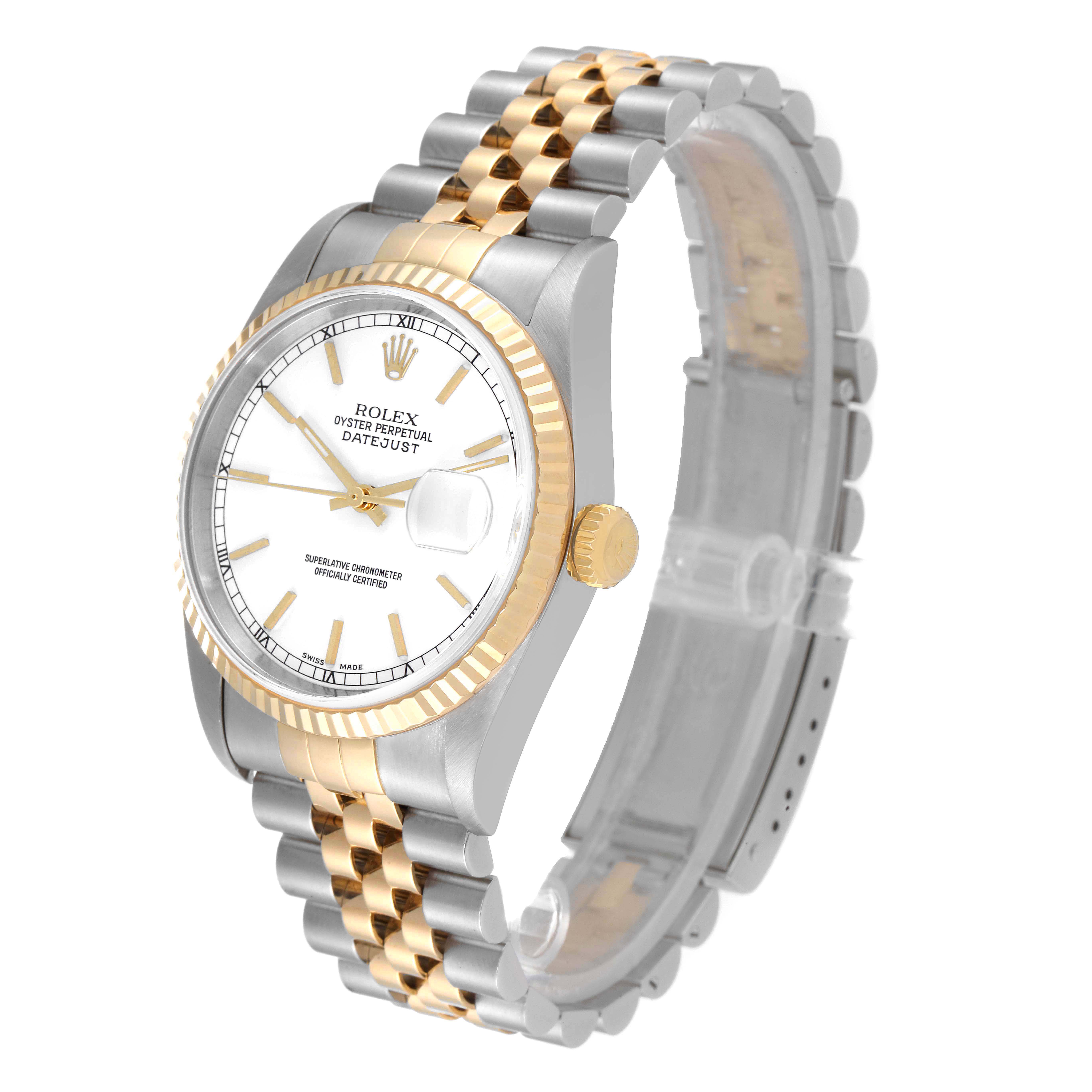 This image shows a Rolex Datejust 16233 Men's Steel and Gold (two tone) White Dial 16233 Men's Steel and Gold (two tone) White Dial watch from an angled side view, highlighting its dial, bezel, crown, and bracelet.