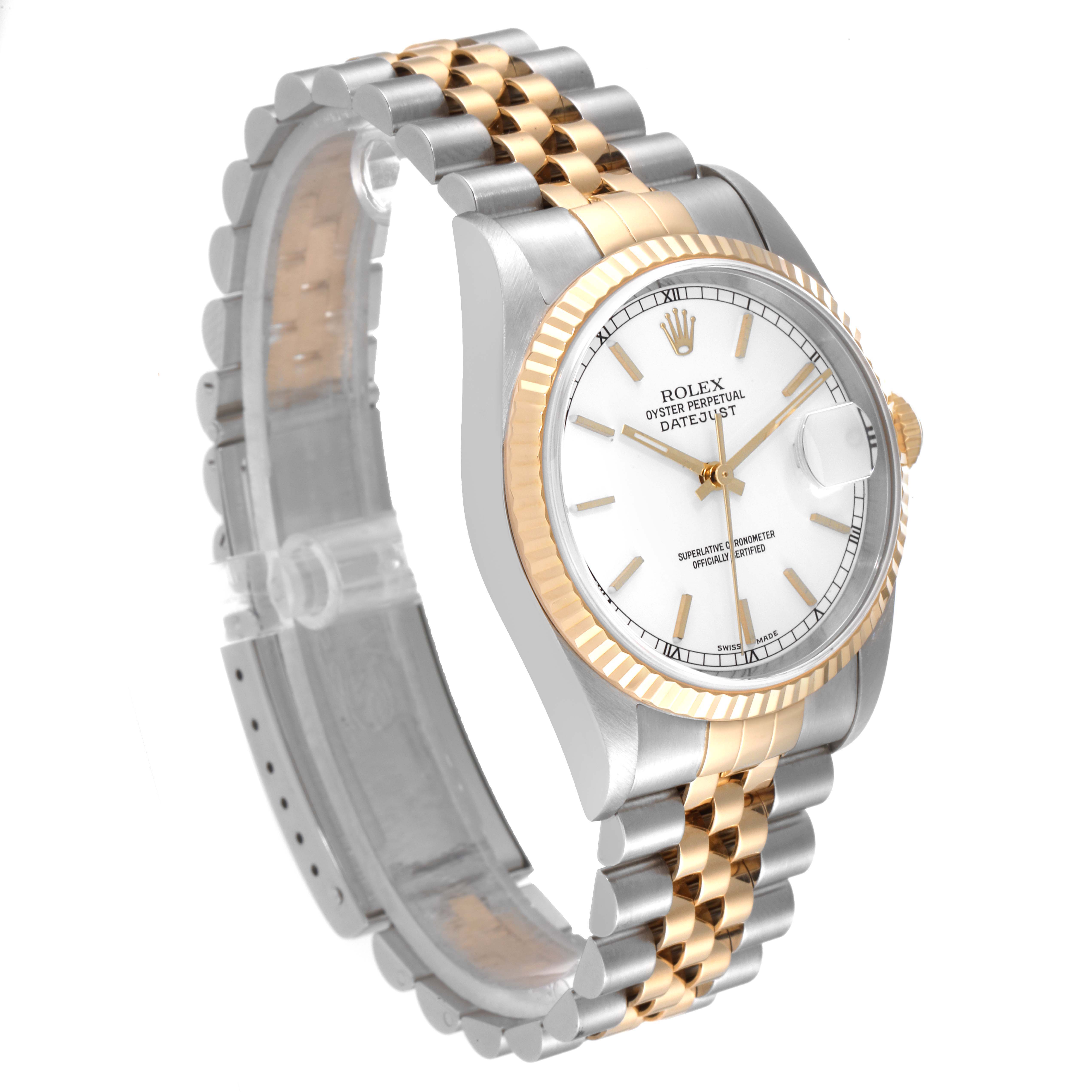 The Rolex Datejust 16233 Men's Steel and Gold (two tone) White Dial 16233 Men's Steel and Gold (two tone) White Dial watch is shown at a slight angle, highlighting the dial, fluted bezel, and two-tone bracelet.