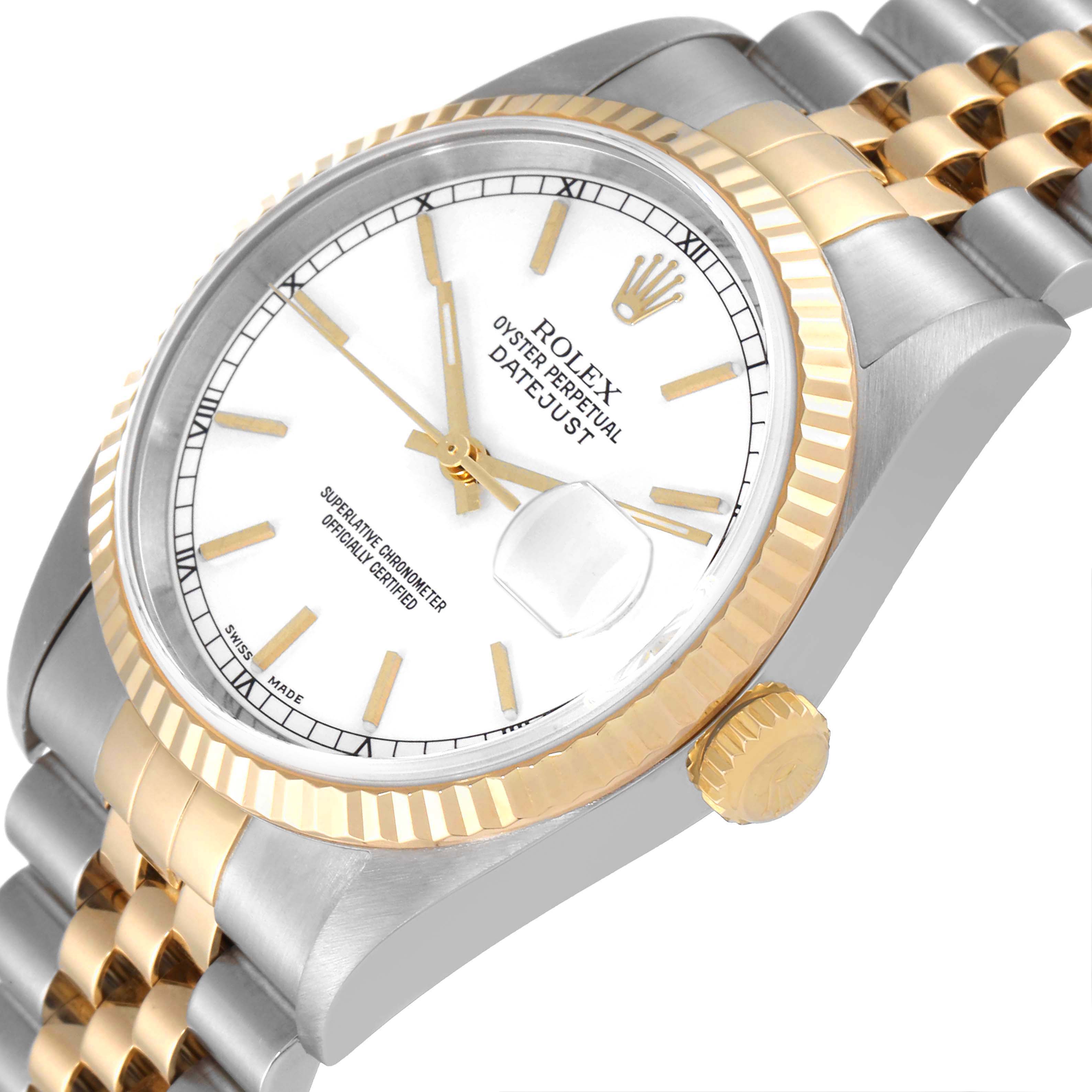 The image shows a close-up angle of the Rolex Datejust 16233 Men's Steel and Gold (two tone) White Dial 16233 Men's Steel and Gold (two tone) White Dial watch, highlighting the dial, fluted bezel, and jubilee bracelet.