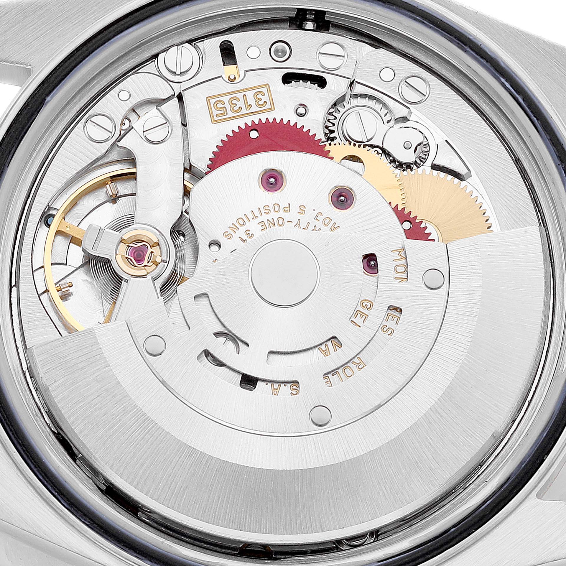 This image shows an internal view of the Rolex Datejust 16233 Men's Steel and Gold (two tone) White Dial 16233 Men's Steel and Gold (two tone) White Dial watch, highlighting its movement and intricate gear mechanism.