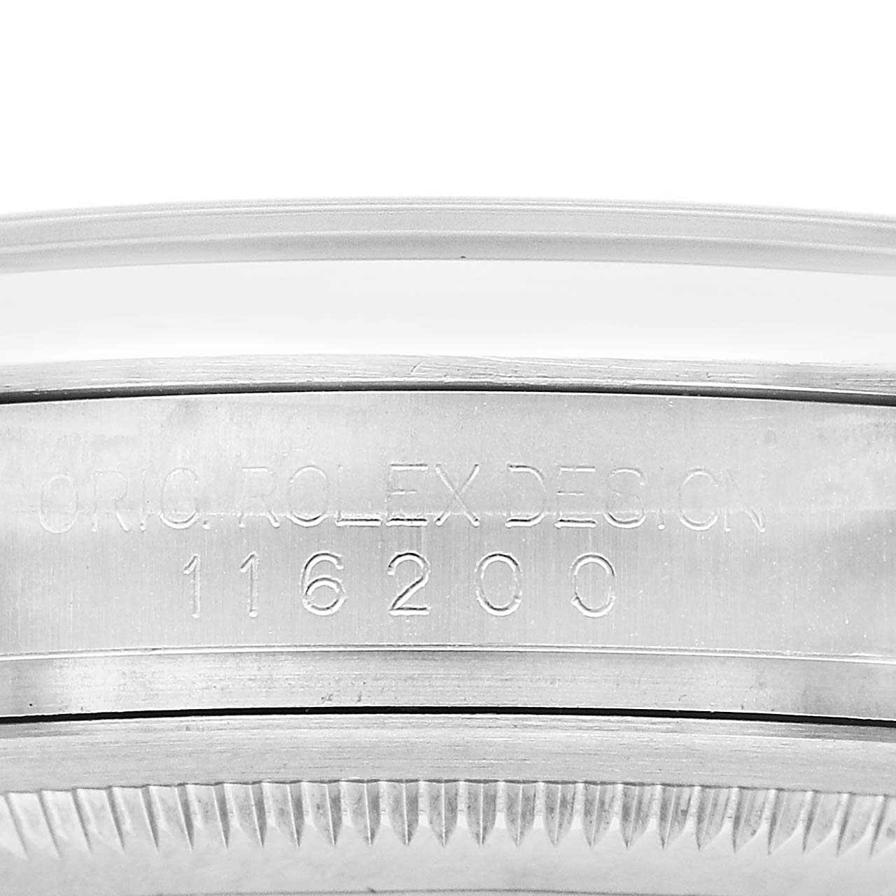 The image shows a close-up of the side of a Rolex Datejust 116200 Men's Stainless Steel Silver Dial watch, featuring the engraved model number 116200.