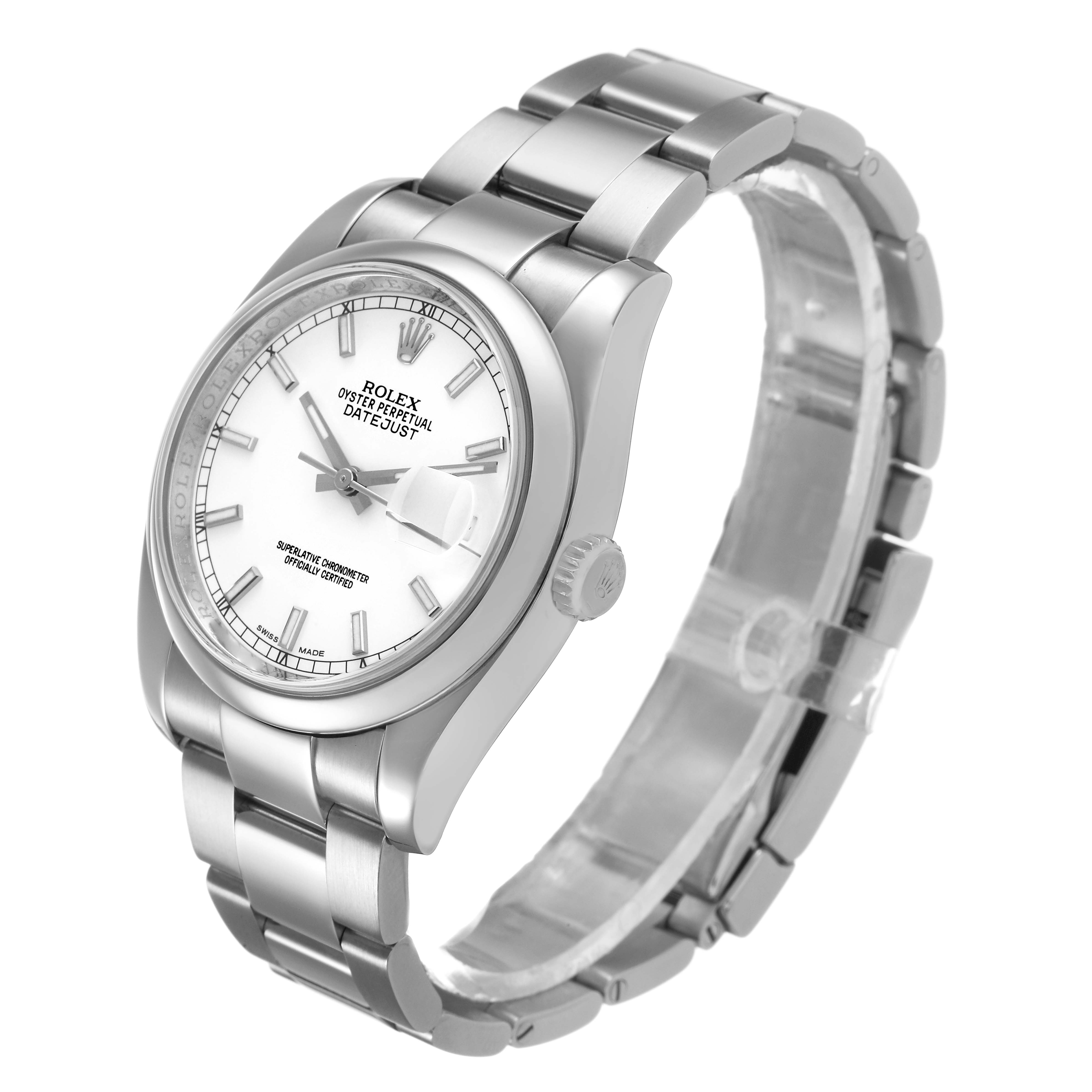 The Rolex Datejust 116200 Men's Stainless Steel Silver Dial watch is shown at a three-quarter angle, highlighting the face, crown, and bracelet.