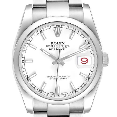 The image shows a front view of the Rolex Datejust 116200 Men's Stainless Steel Silver Dial, focusing on the dial, bezel, and part of the bracelet.