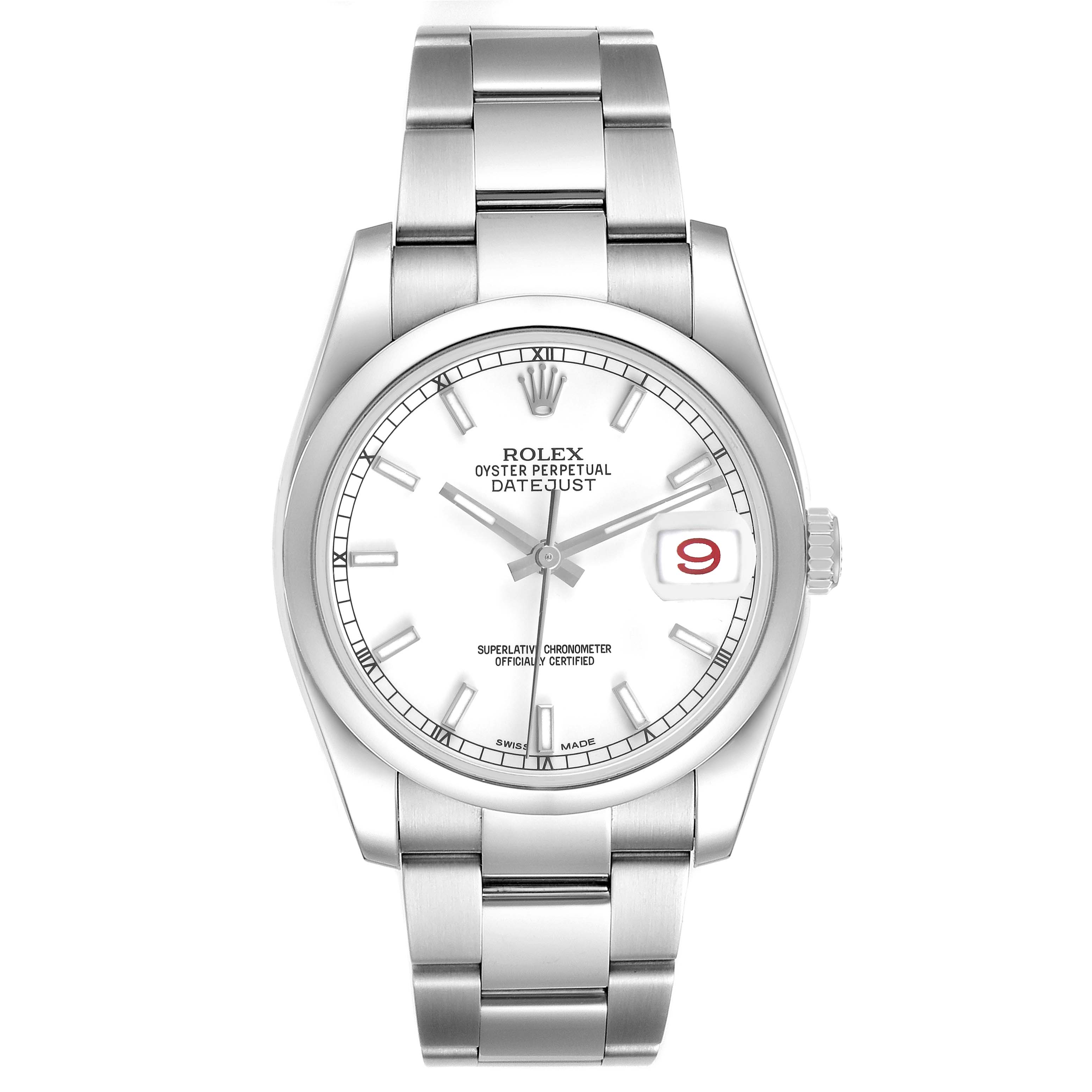 The image shows a frontal view of the Rolex Datejust 116200 Men's Stainless Steel Silver Dial watch highlighting the dial, bezel, bracelet, and crown.