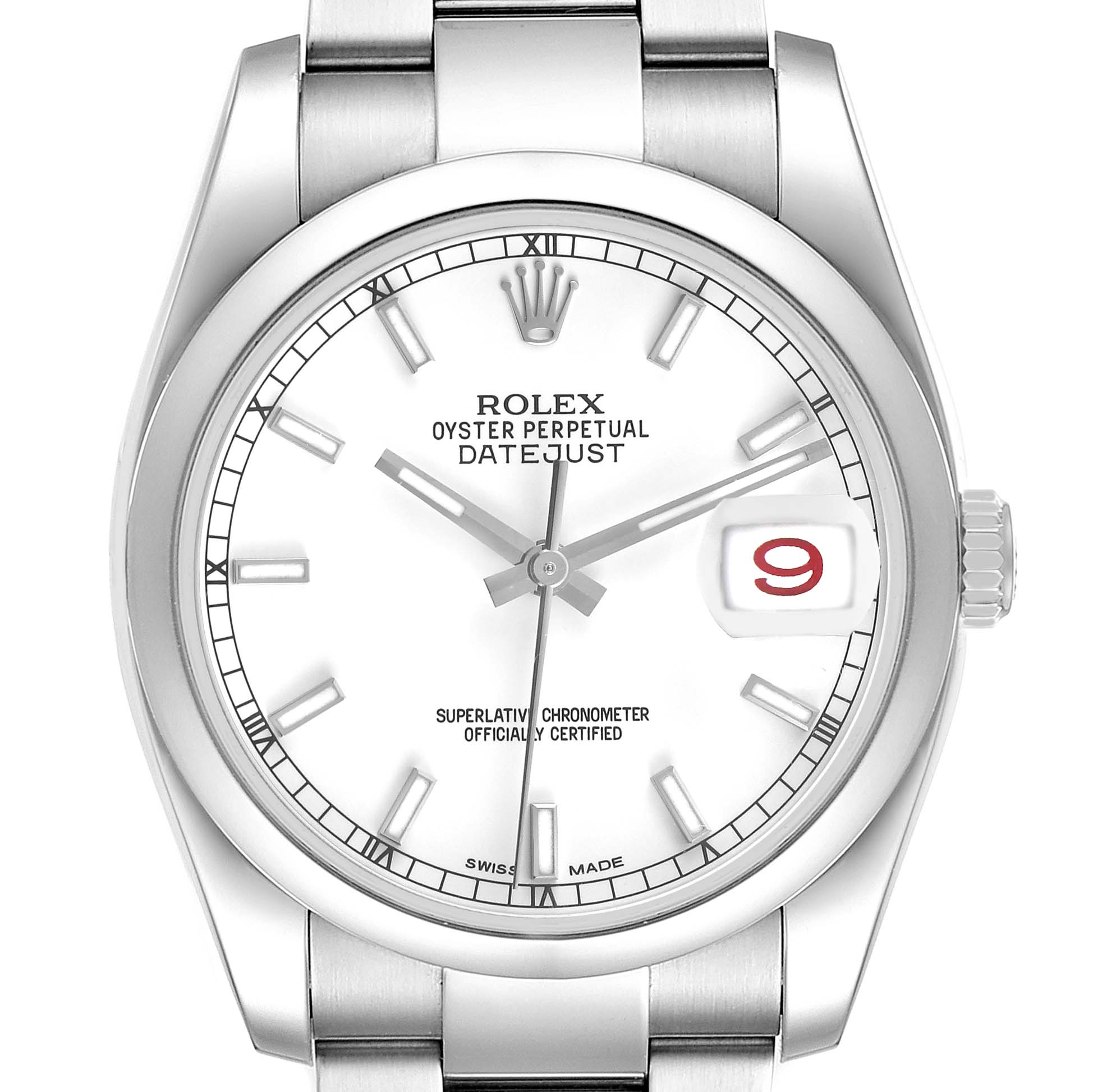 The Rolex Datejust 116200 Men's Stainless Steel Silver Dial watch is shown from a front angle, highlighting the face, bezel, crown, and part of the bracelet.