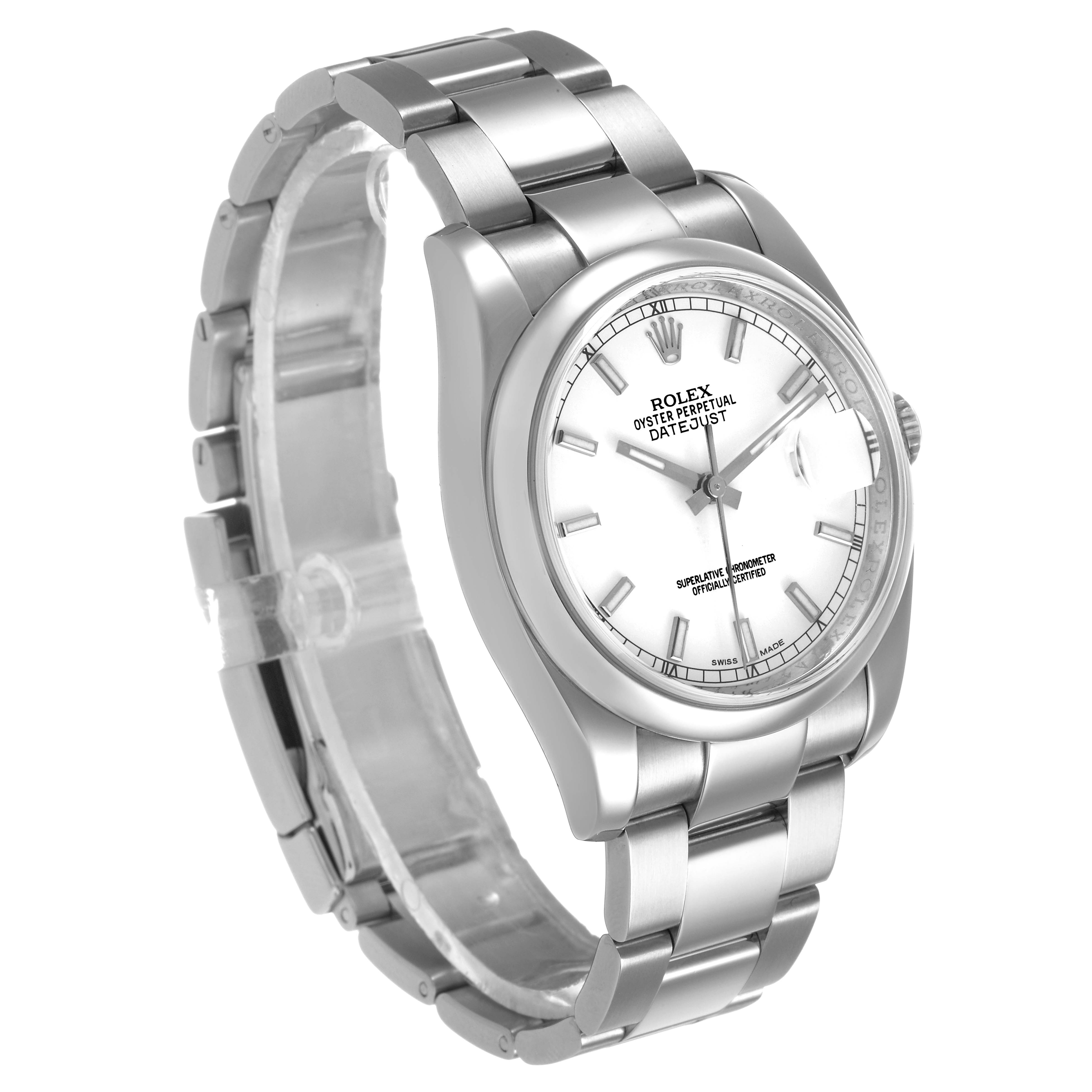 The Rolex Datejust 116200 Men's Stainless Steel Silver Dial watch is shown at a three-quarter angle, displaying the face, bezel, and bracelet.