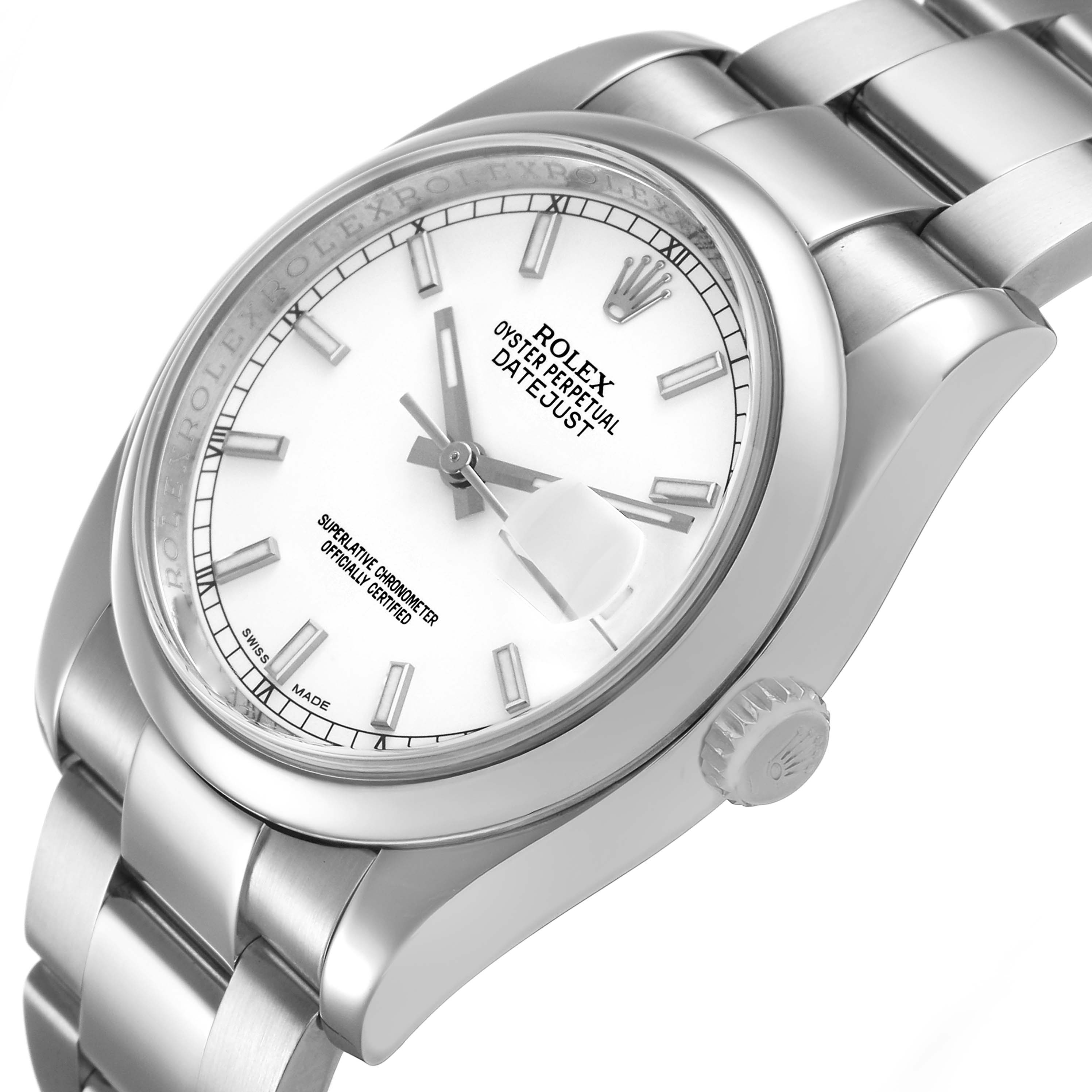 The Rolex Datejust 116200 Men's Stainless Steel Silver Dial watch is shown at an angled side view, highlighting the dial, bezel, crown, and bracelet.