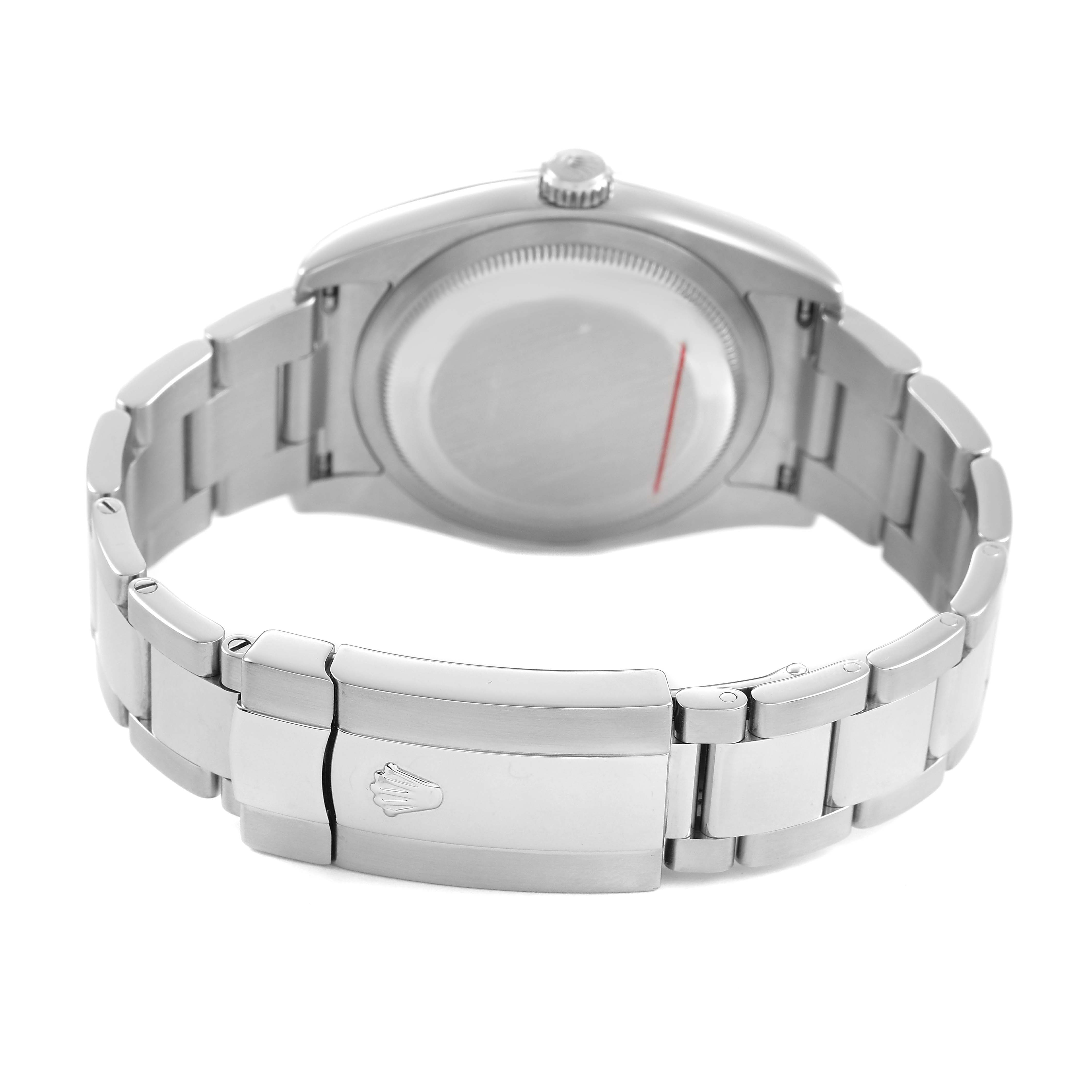 The image shows the back view of a Rolex Datejust 116200 Men's Stainless Steel Silver Dial, highlighting the clasp and bracelet.