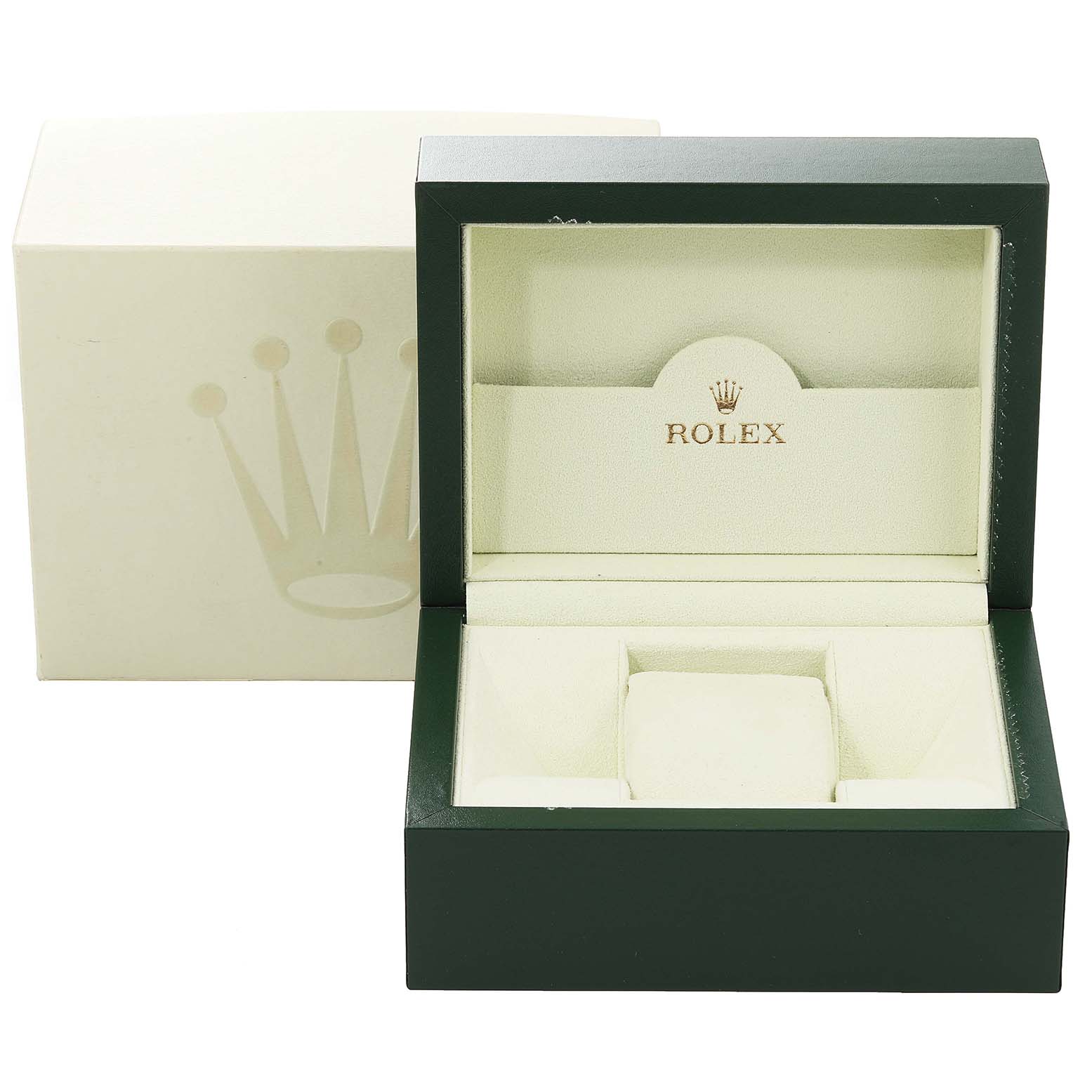 The image shows an empty Rolex Datejust 116234 Men's Stainless Steel Black Dial 116234 Men's Stainless Steel Black Dial watch box and outer packaging from a front angle.