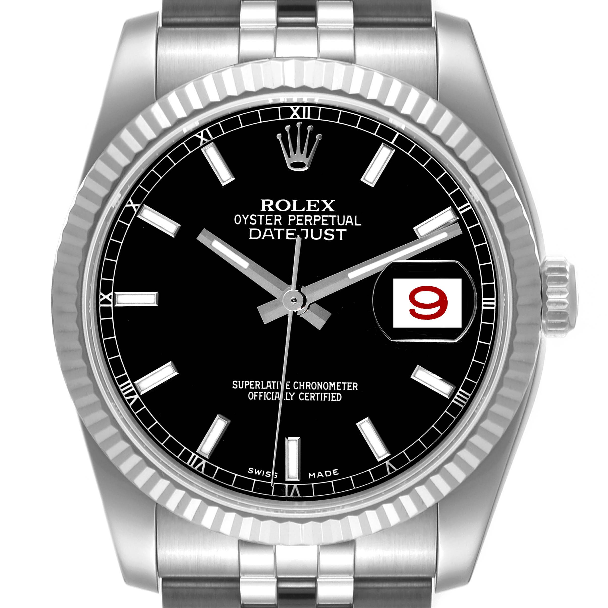 This image shows a front view of a Rolex Datejust 116234 Men's Stainless Steel Black Dial 116234 Men's Stainless Steel Black Dial watch highlighting the dial, hands, date window, bezel, and part of the bracelet.