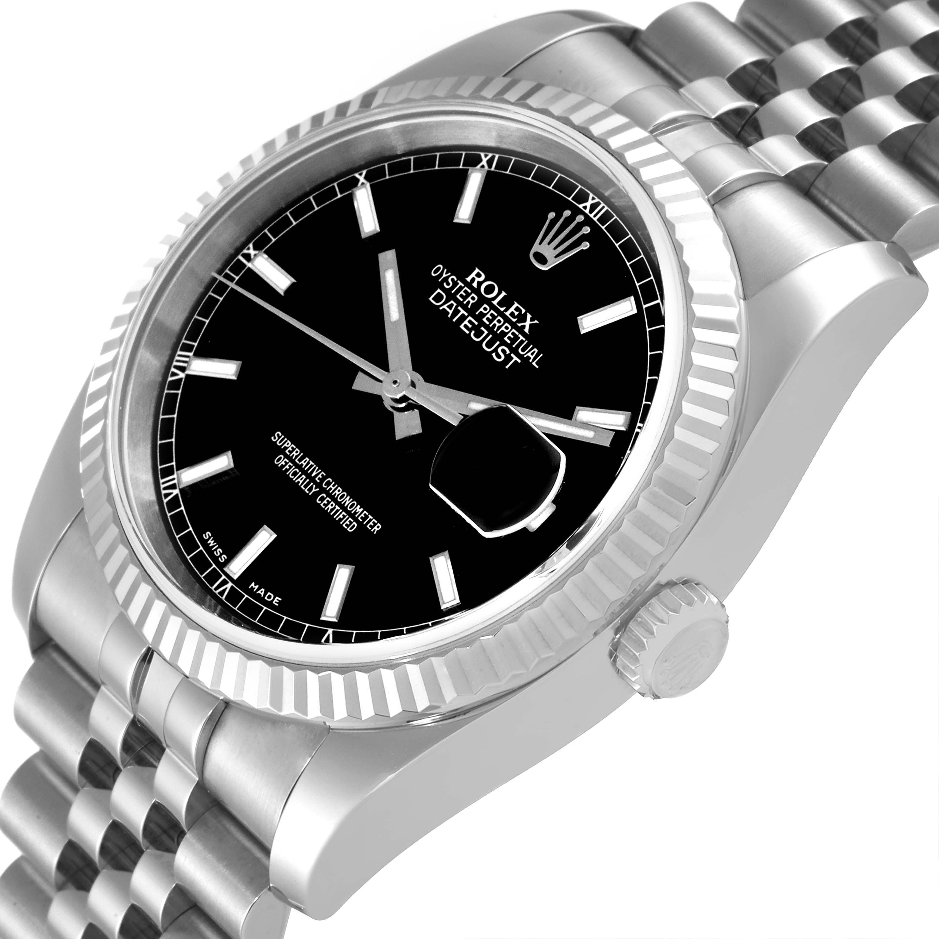 The image shows a Rolex Datejust 116234 Men's Stainless Steel Black Dial 116234 Men's Stainless Steel Black Dial watch at a slight angle, highlighting the dial, bezel, crown, and part of the bracelet.