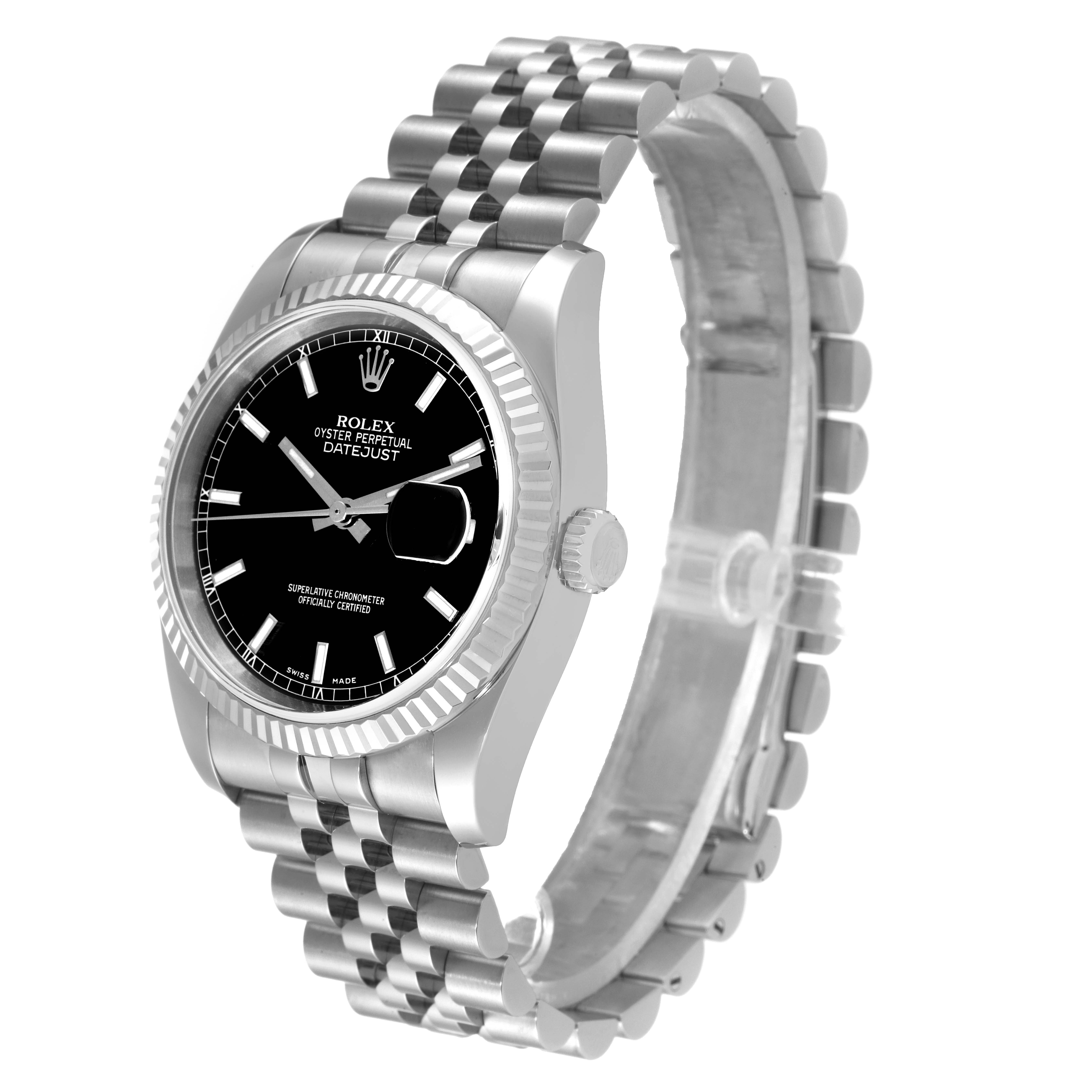 The Rolex Datejust 116234 Men's Stainless Steel Black Dial 116234 Men's Stainless Steel Black Dial watch is shown at a three-quarter angle highlighting its face, bezel, crown, and jubilee bracelet.