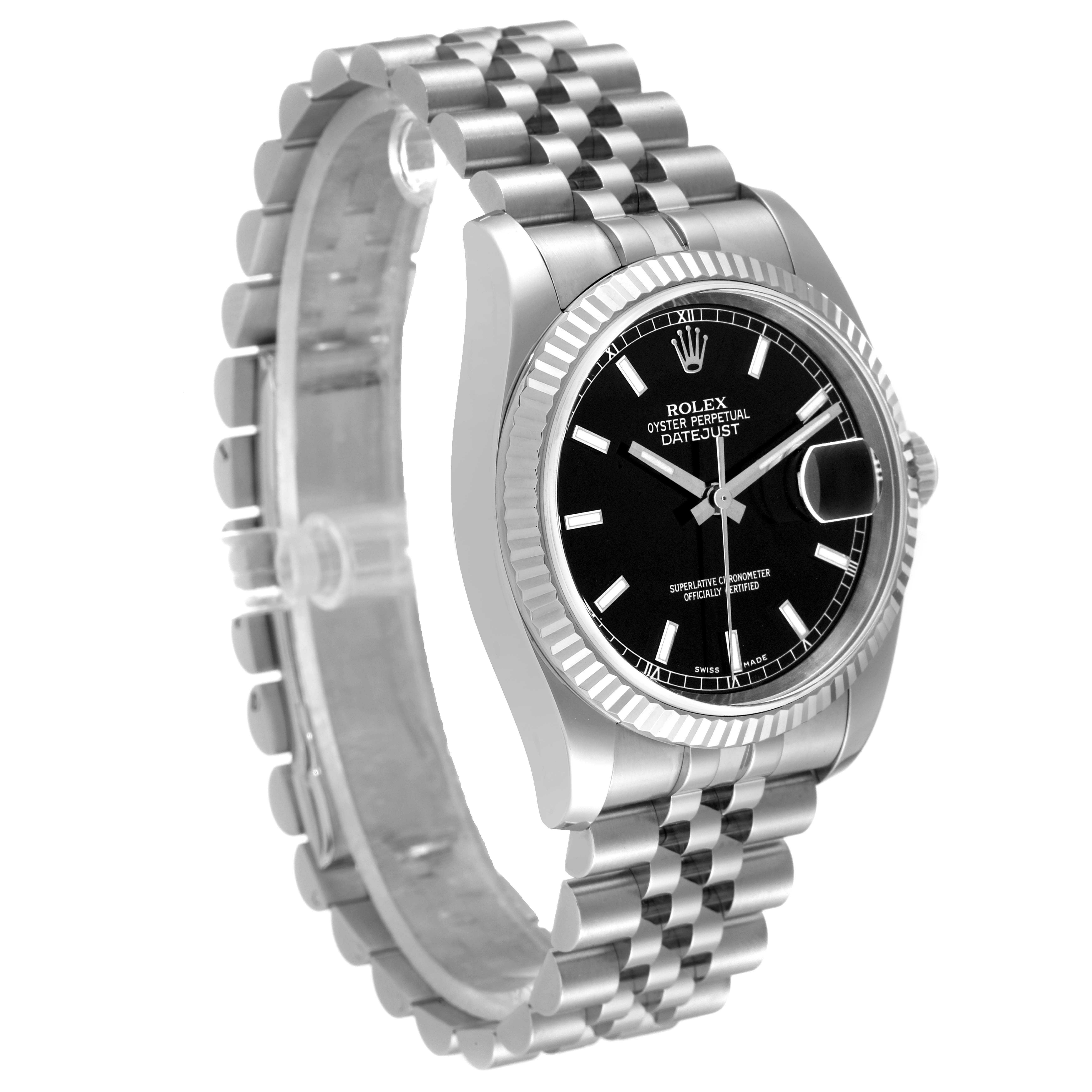 The image shows a side view of a Rolex Datejust 116234 Men's Stainless Steel Black Dial 116234 Men's Stainless Steel Black Dial watch, displaying its black dial, fluted bezel, and Jubilee bracelet.