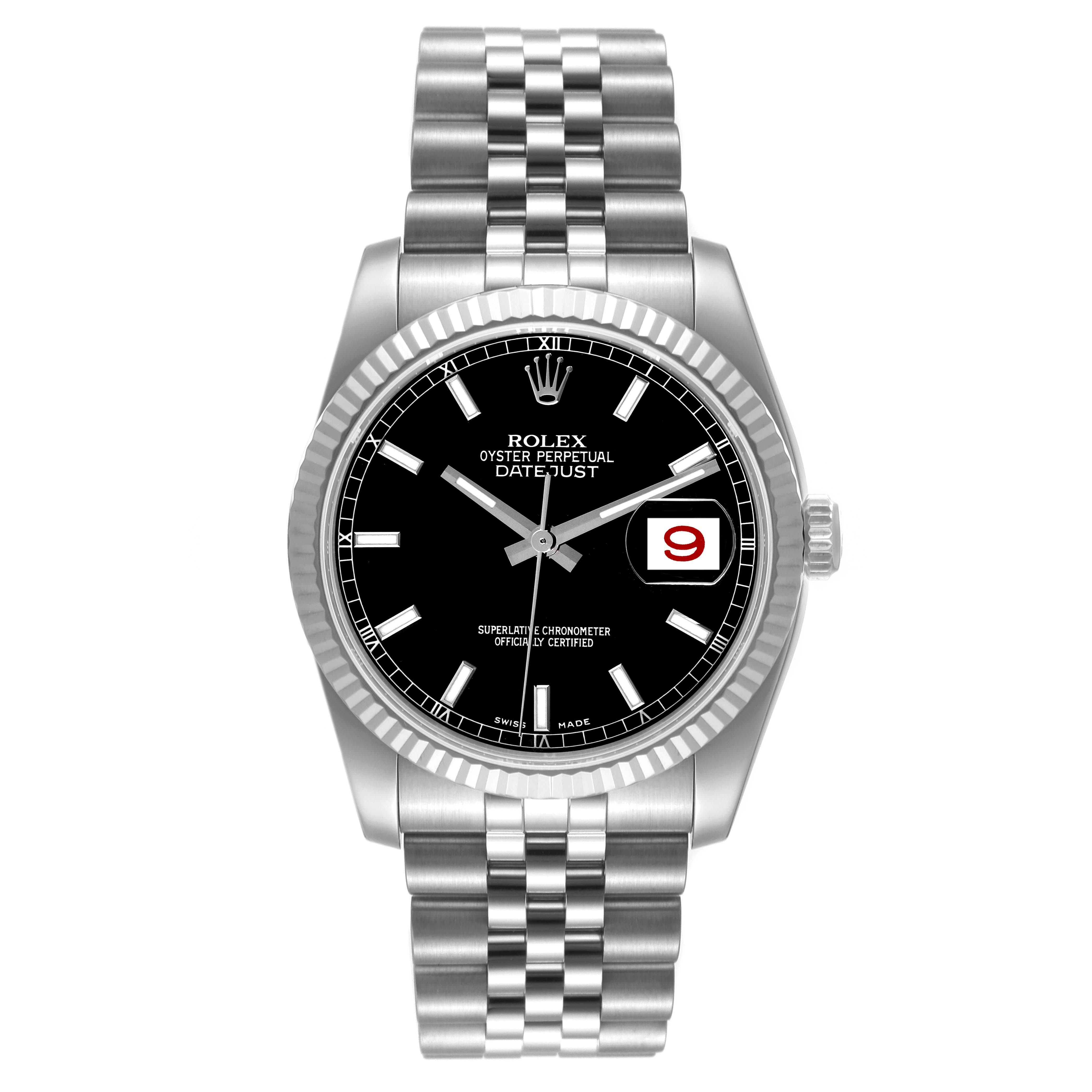 This image shows a front view of a Rolex Datejust 116234 Men's Stainless Steel Black Dial 116234 Men's Stainless Steel Black Dial watch featuring its black dial, fluted bezel, jubilee bracelet, and date display.