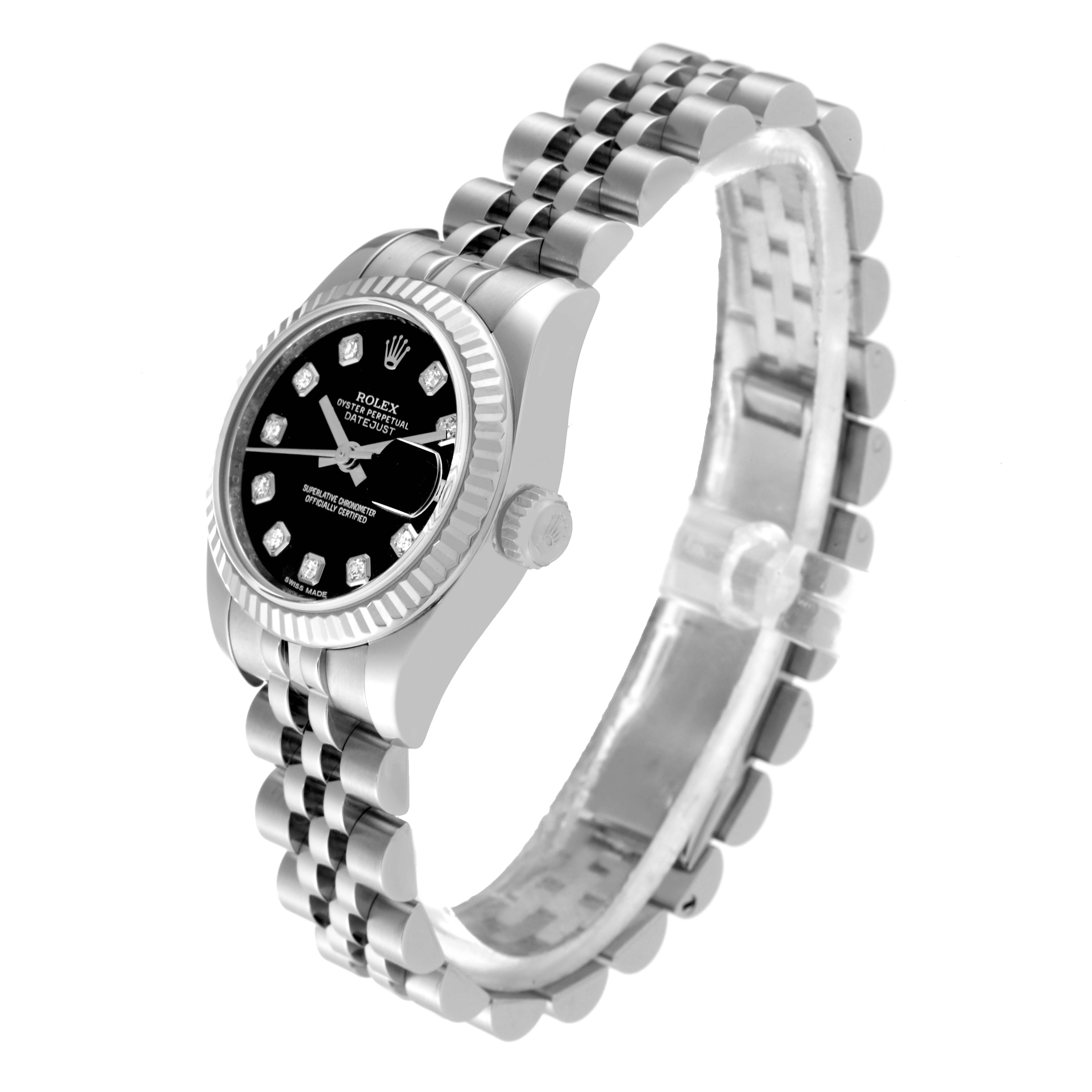 This image shows a Rolex Datejust 179174 Women's Stainless Steel Black Dial 179174 Women's Stainless Steel Black Dial watch at a slight angle, highlighting its face, bezel, crown, and bracelet.