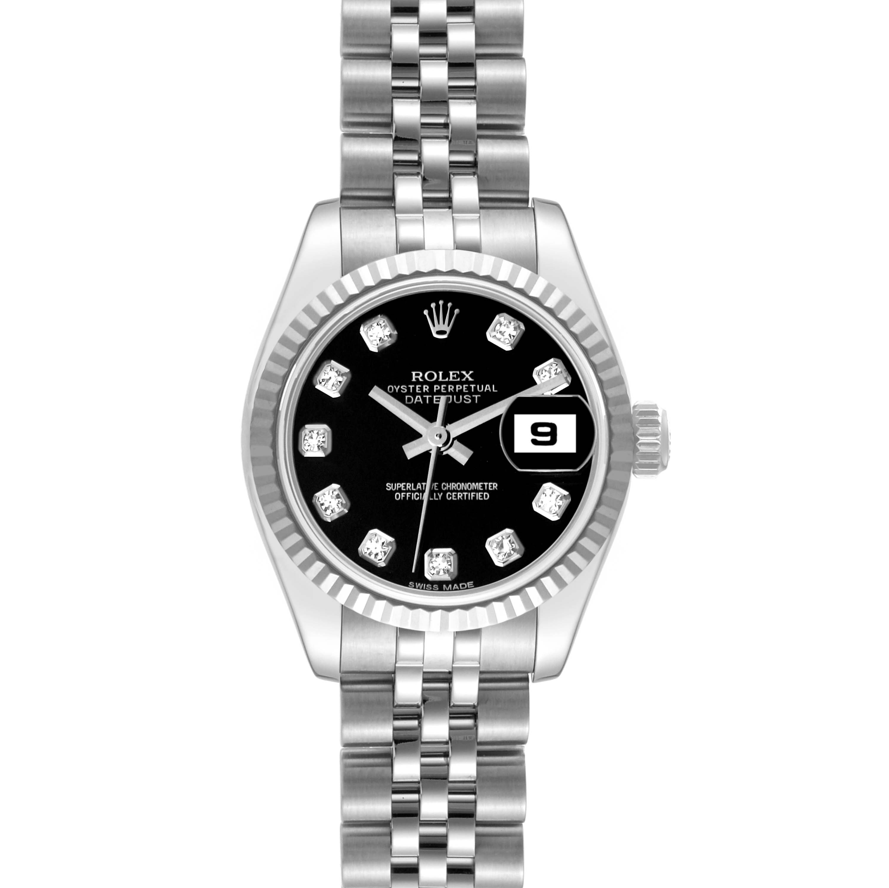 This image shows a frontal view of a Rolex Datejust 179174 Women's Stainless Steel Black Dial 179174 Women's Stainless Steel Black Dial watch, displaying its dial, bezel, crown, and bracelet.