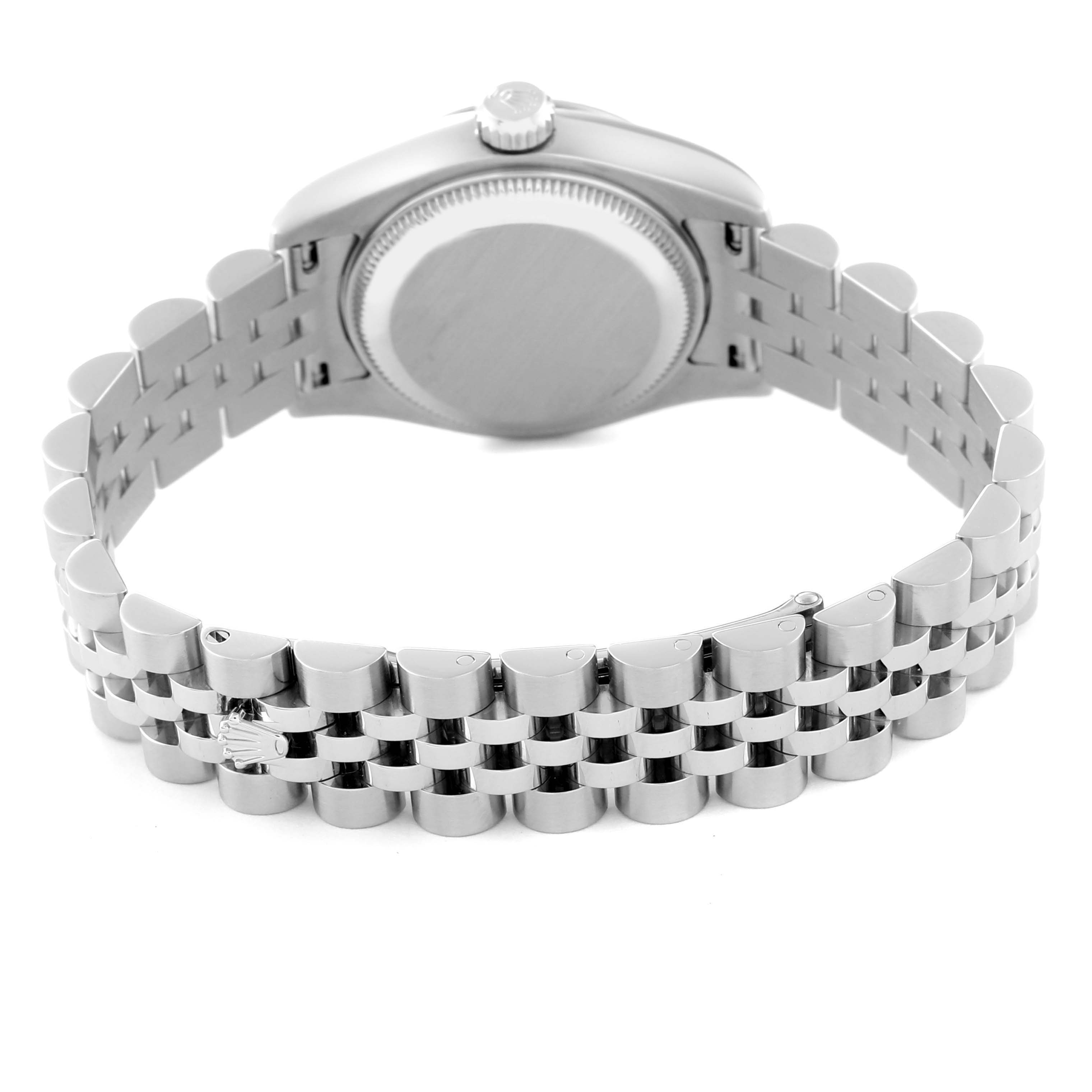 The image shows the back of a Rolex Datejust 179174 Women's Stainless Steel Black Dial 179174 Women's Stainless Steel Black Dial watch case and the stainless steel Jubilee bracelet.