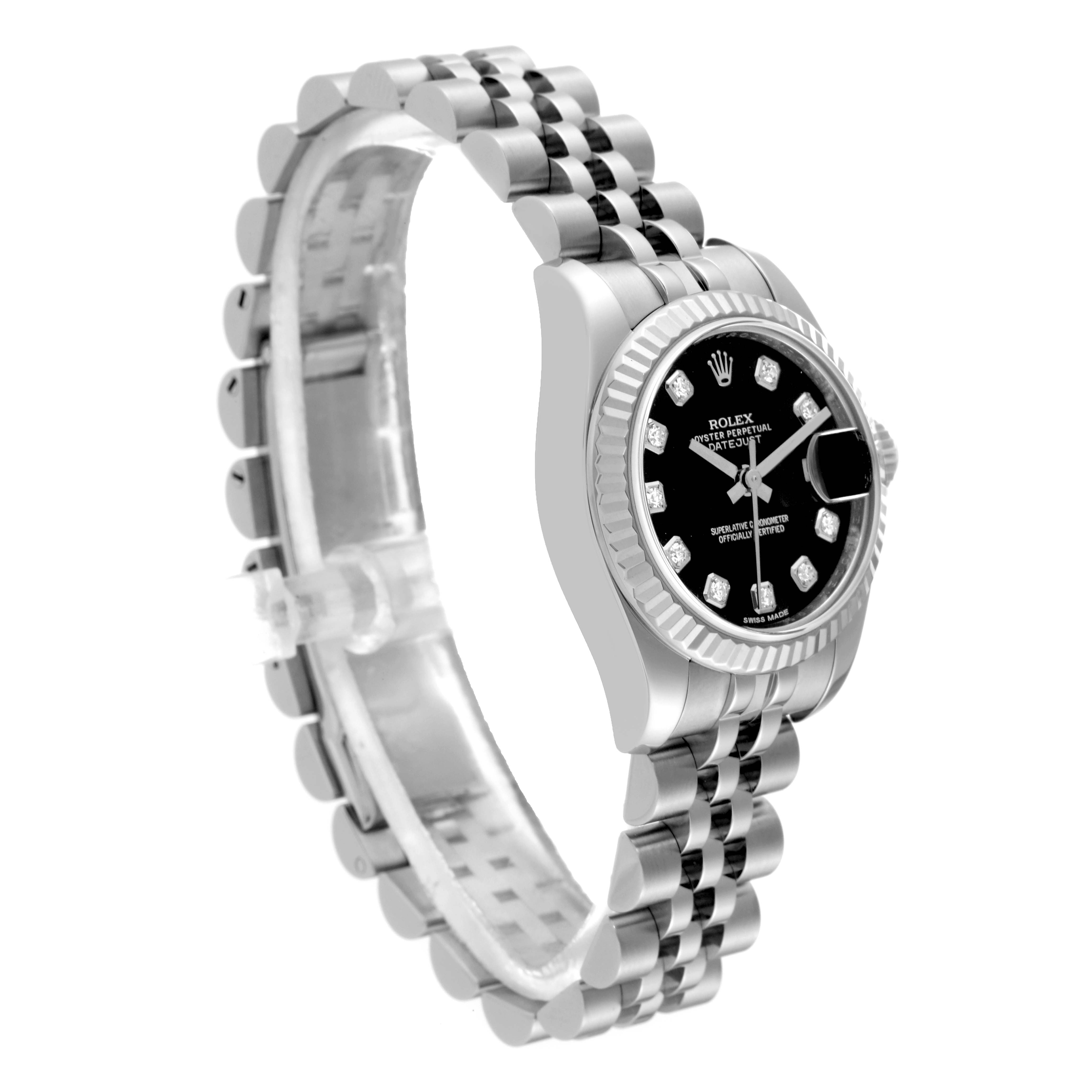 The image shows a side view of a Rolex Datejust 179174 Women's Stainless Steel Black Dial 179174 Women's Stainless Steel Black Dial watch, displaying its black dial, fluted bezel, and link bracelet.
