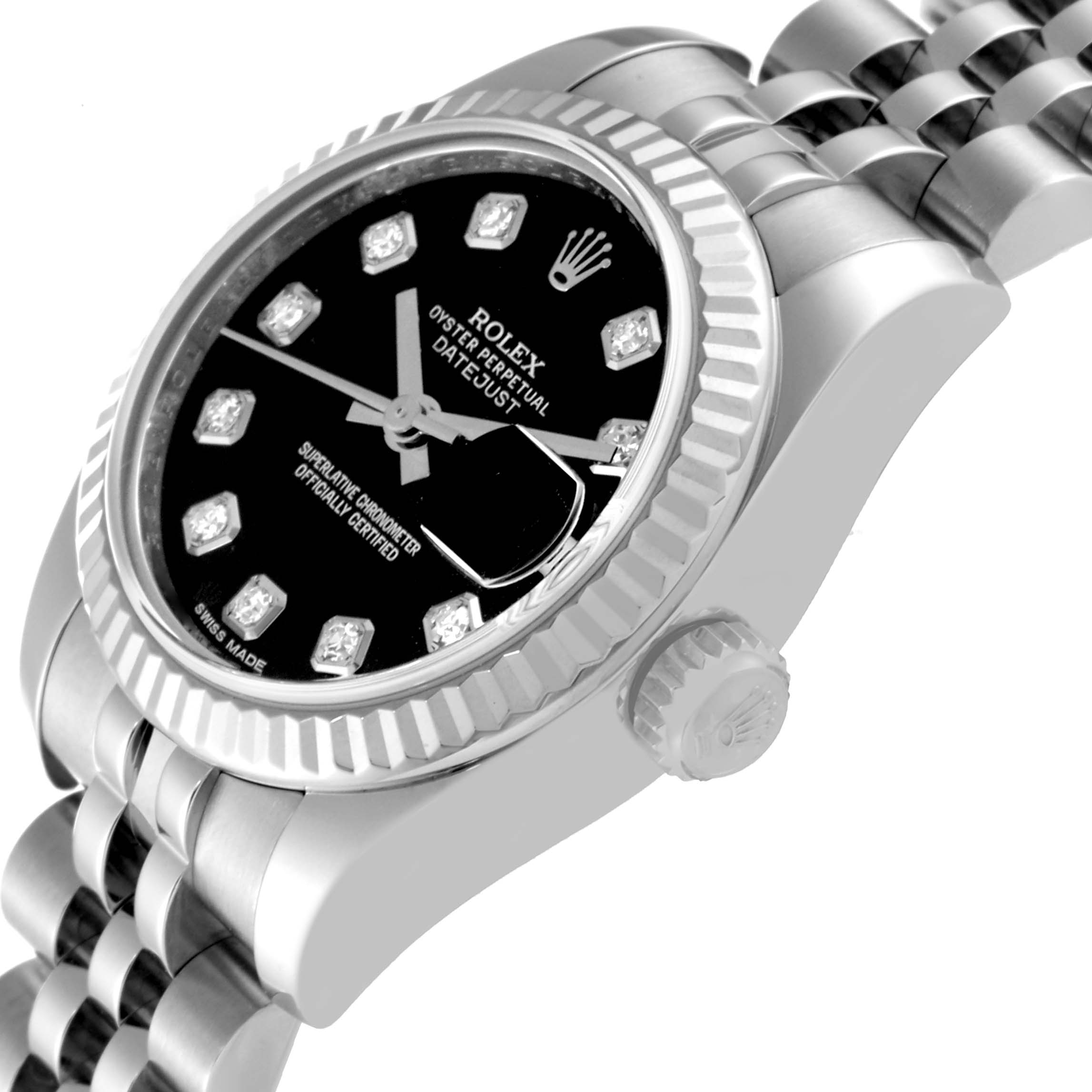 The Rolex Datejust 179174 Women's Stainless Steel Black Dial 179174 Women's Stainless Steel Black Dial watch is shown from a side angle, highlighting the crown, black dial, and bracelet.