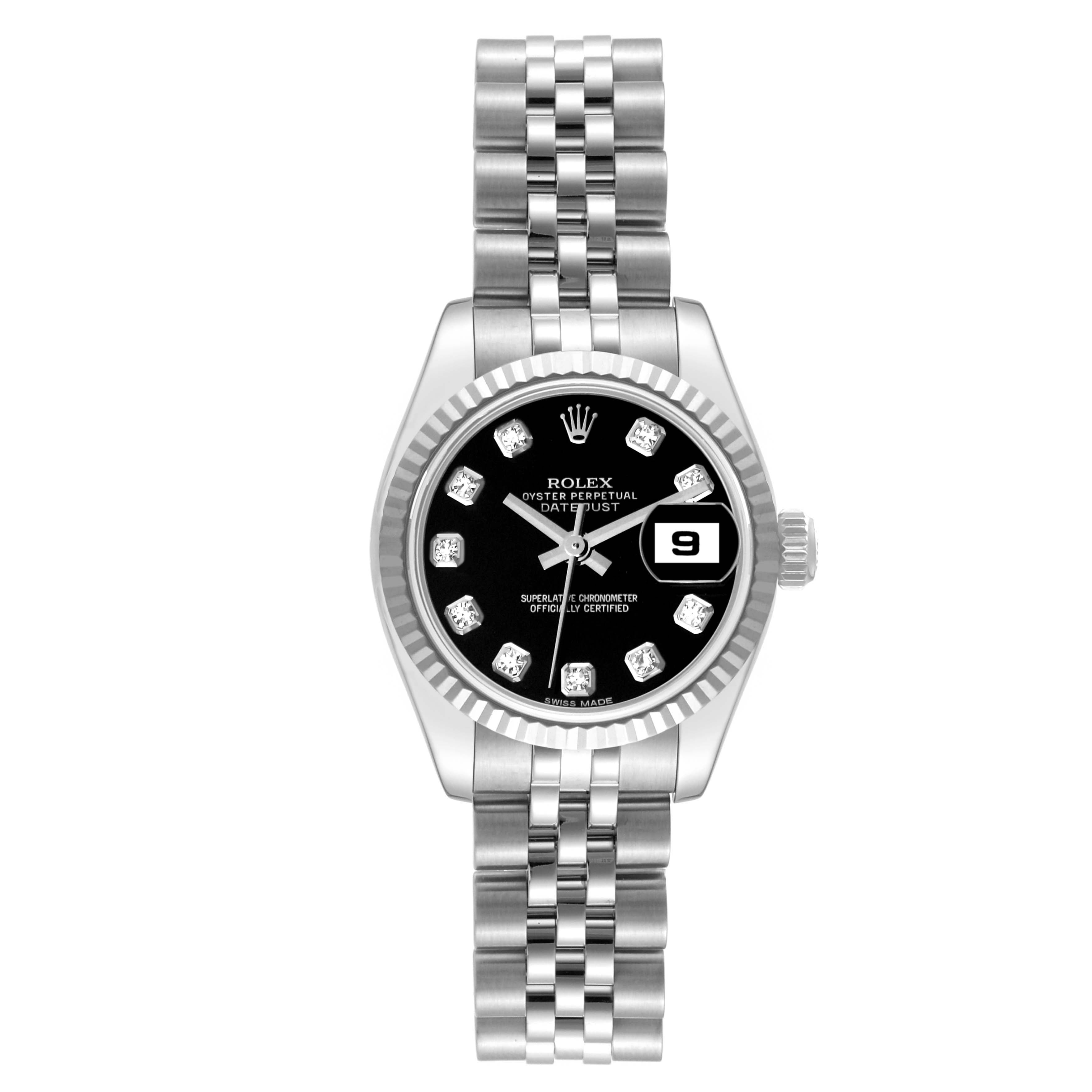The image shows a Rolex Datejust 179174 Women's Stainless Steel Black Dial 179174 Women's Stainless Steel Black Dial watch from the front angle, displaying the dial, bracelet, and date window.
