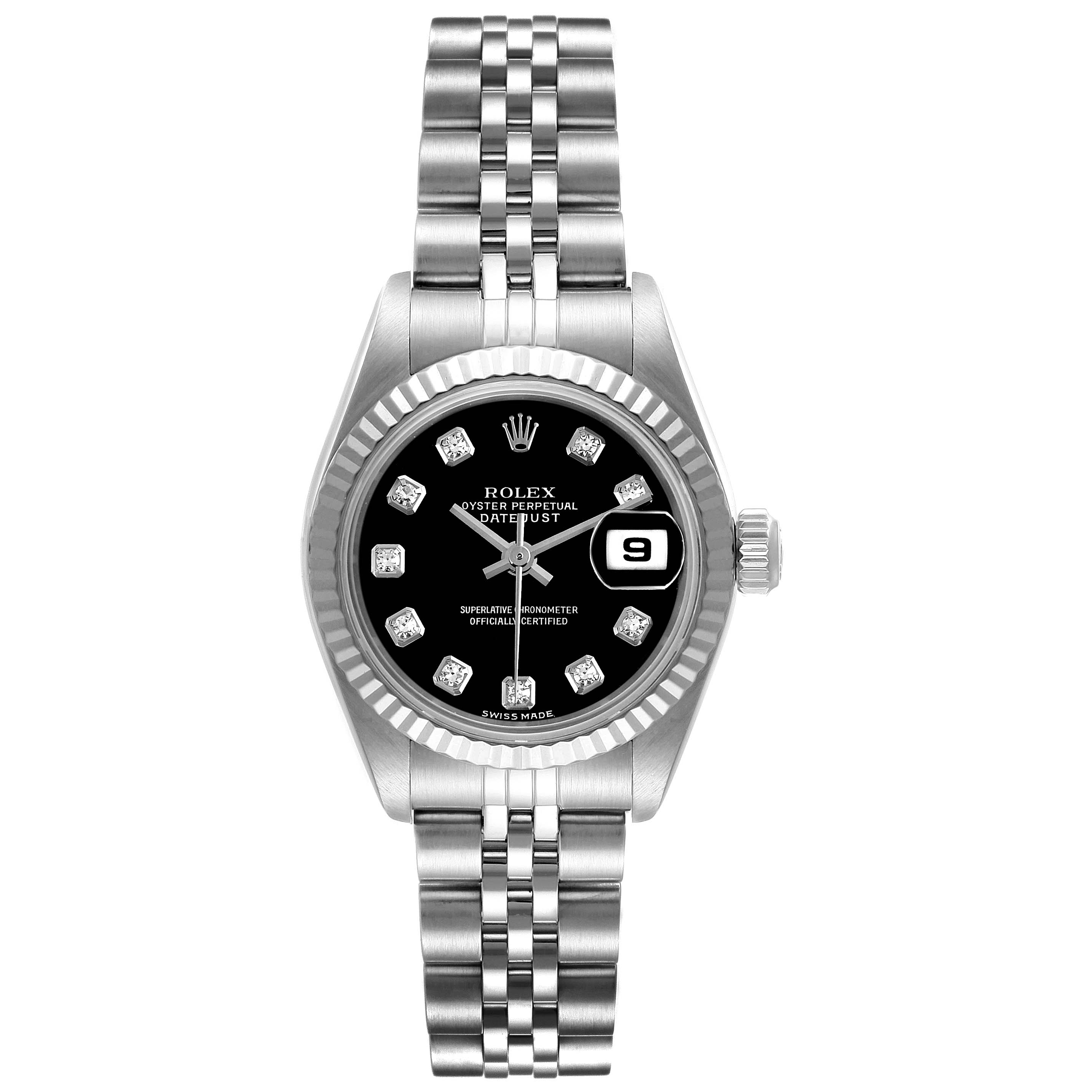 The image shows a Rolex Datejust 79174 Women's Stainless Steel Black Dial 79174 Women's Stainless Steel Black Dial watch from a front angle, displaying the face, bezel, crown, and bracelet.
