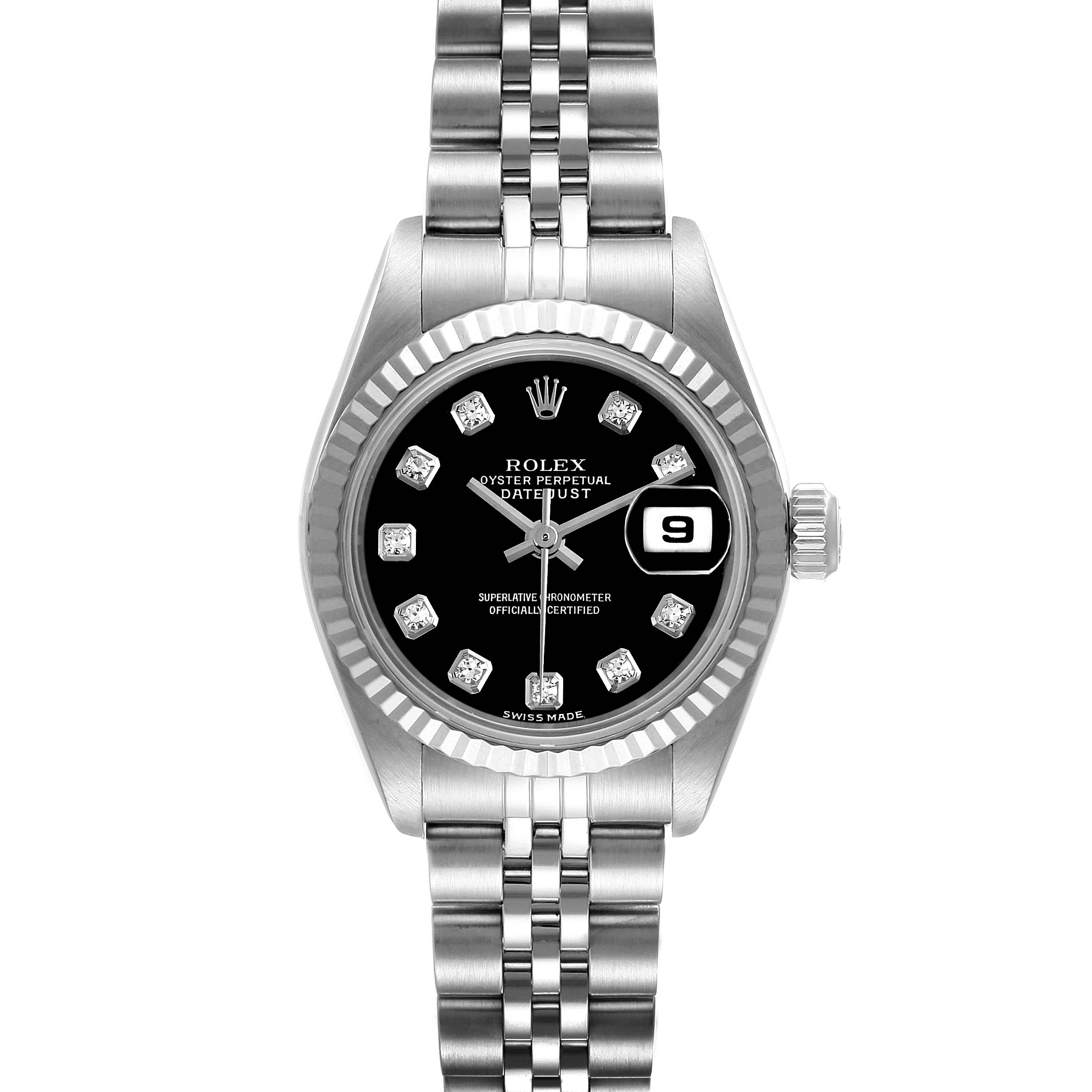 The image shows a frontal view of the Rolex Datejust 79174 Women's Stainless Steel Black Dial 79174 Women's Stainless Steel Black Dial watch displaying the face, bezel, band, and date window.